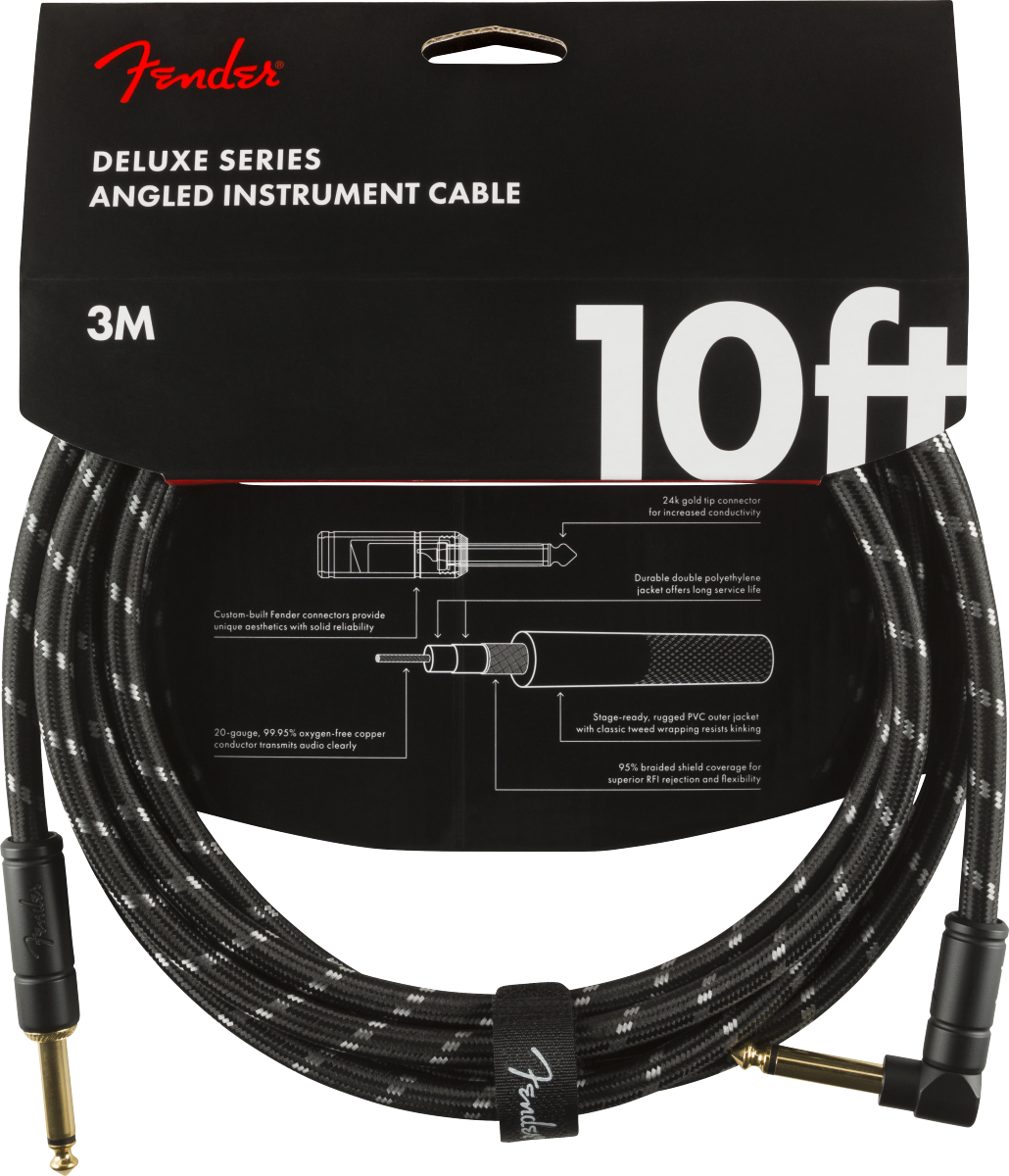 Fender Deluxe Series Black Tweed Instrument Cable, 10' (3m), Straight-Angled