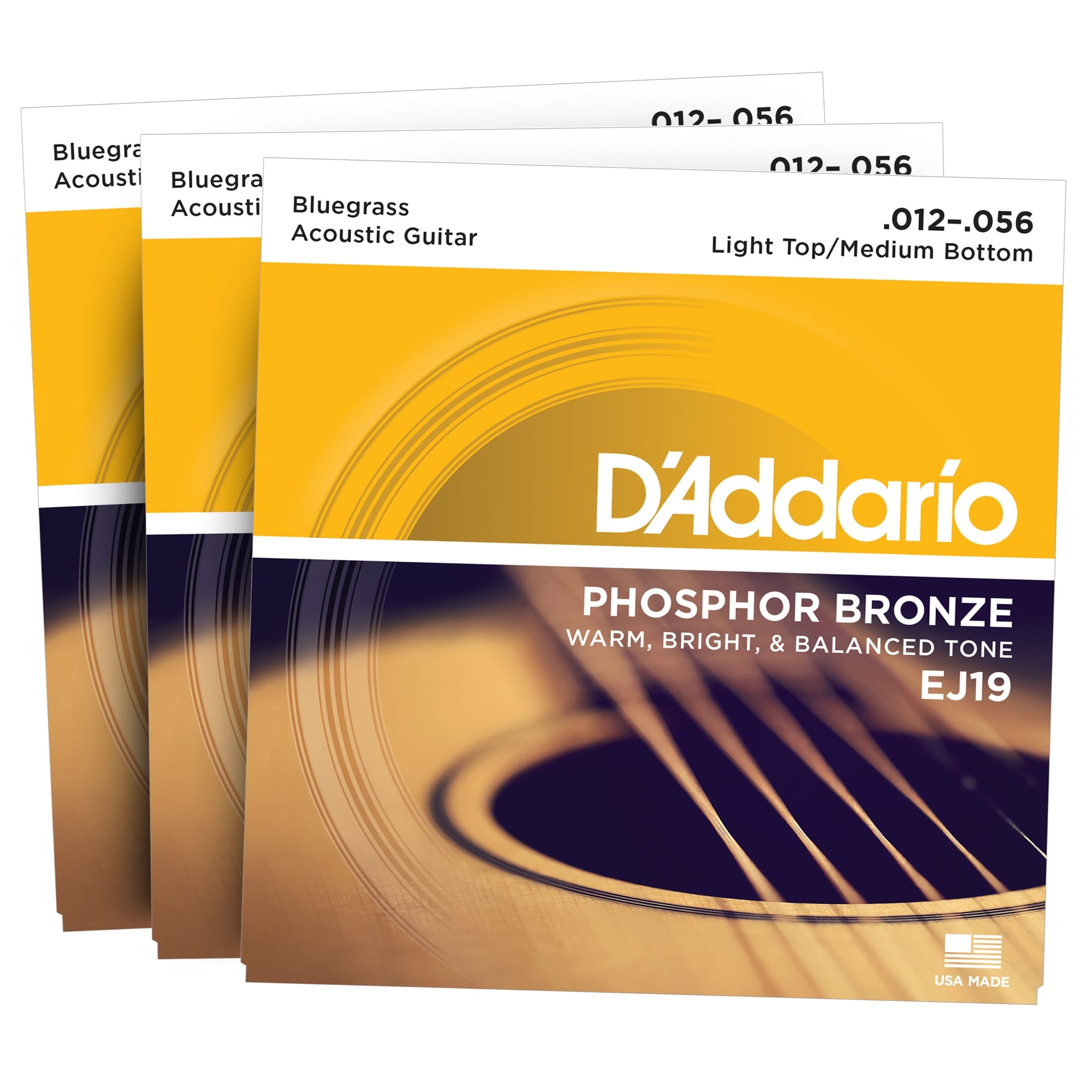 D'Addario EJ19 Phosphor Bronze 12-56 Acoustic Guitar Strings, Bluegrass, 3-Pack