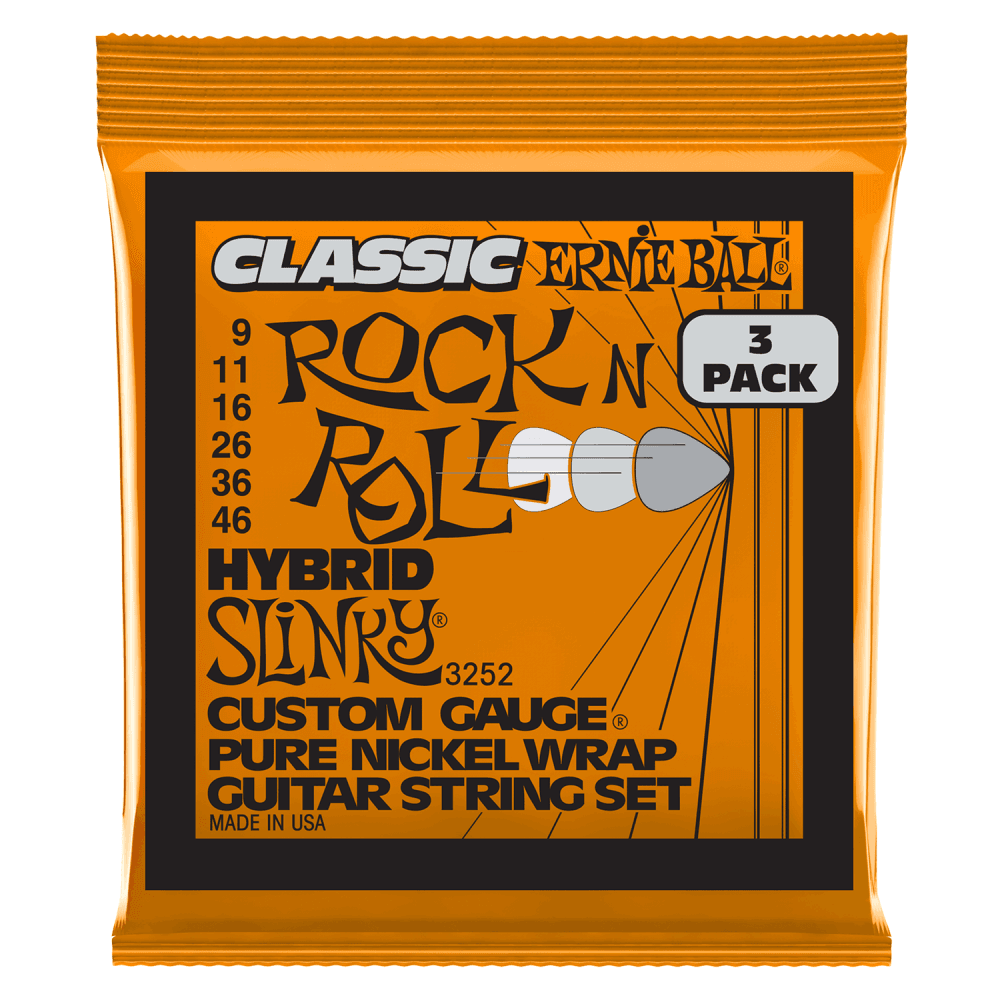 Ernie Ball 2252 Classic Hybrid Slinky Pure Nickel 9-46 Electric Guitar Strings, 3-Pack