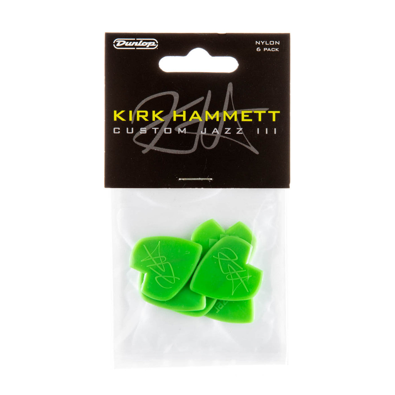 Jim Dunlop Kirk Hammett Signature Jazz III Neon Green Guitar Picks, 6-Pack