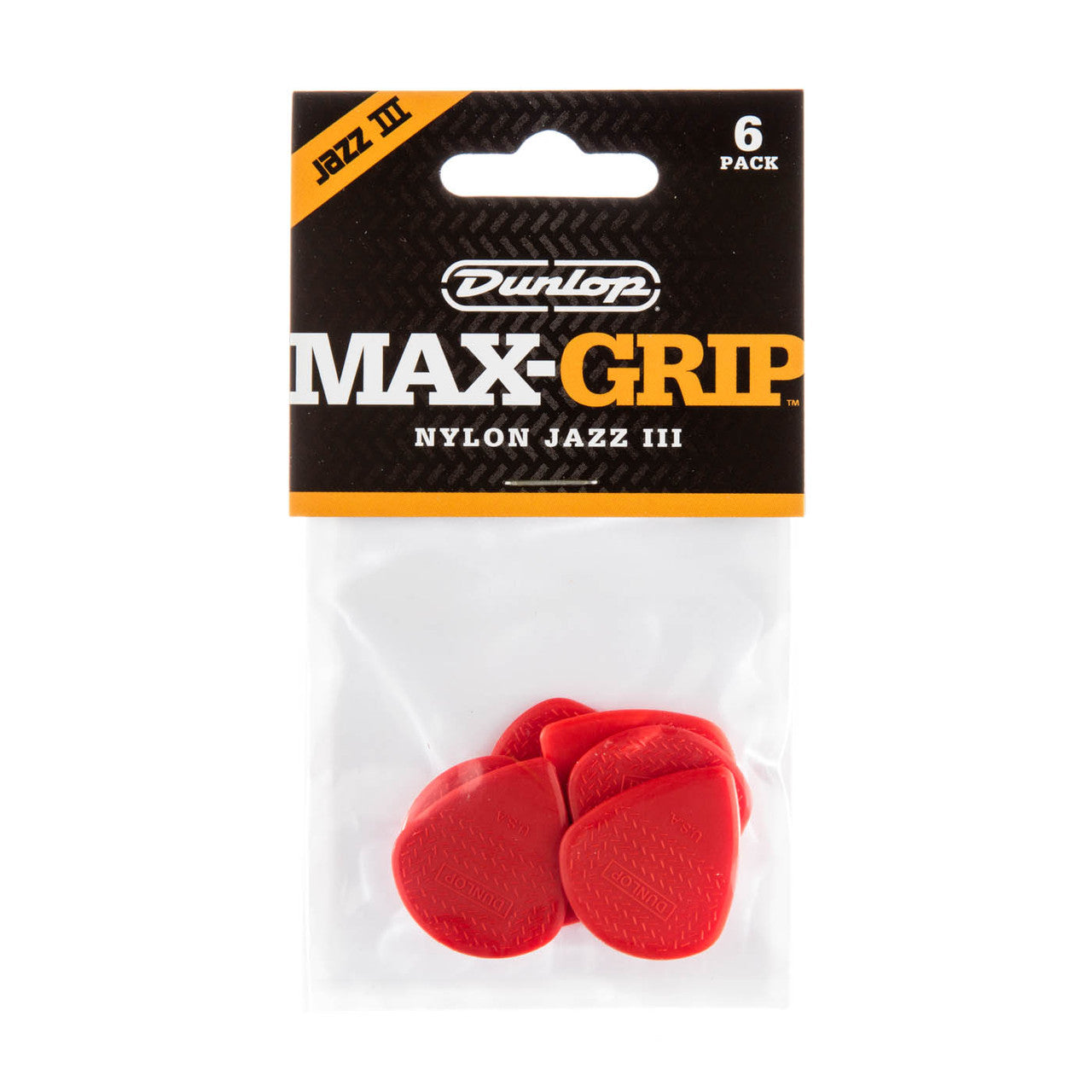 Jim Dunlop Red Nylon Jazz 3 Max-Grip Guitar Picks, 6-Pack