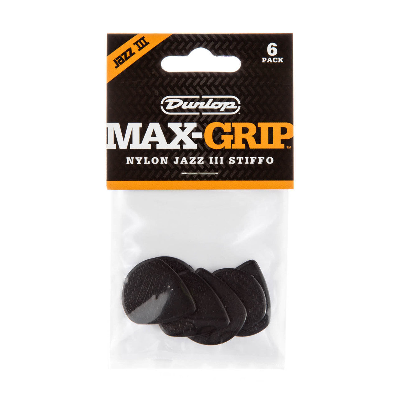 Jim Dunlop Nylon Jazz 3 Max Grip Black Stiffo, Player Pack 6-Pack