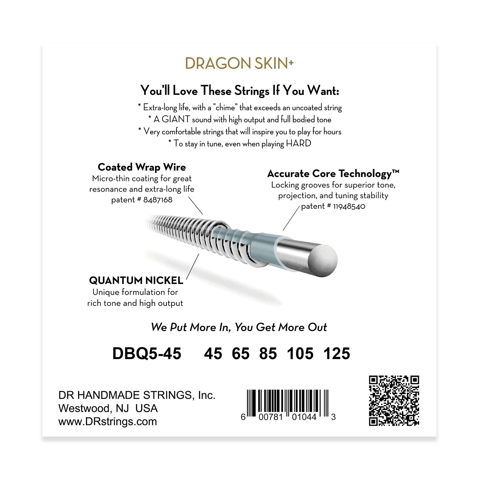 DR DRAGON SKIN+ Coated Nickel 45-125 5-String Bass Guitar Strings, Long Scale