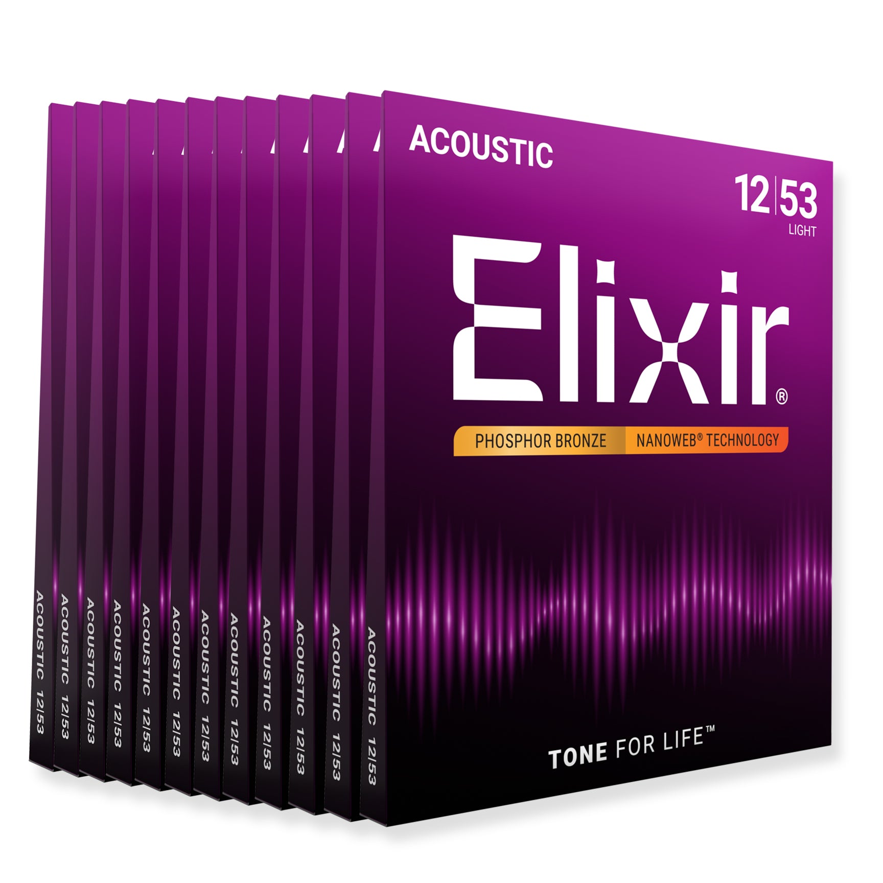 Elixir Nanoweb Phosphor Bronze 12-53 Acoustic Guitar Strings, 12-Pack