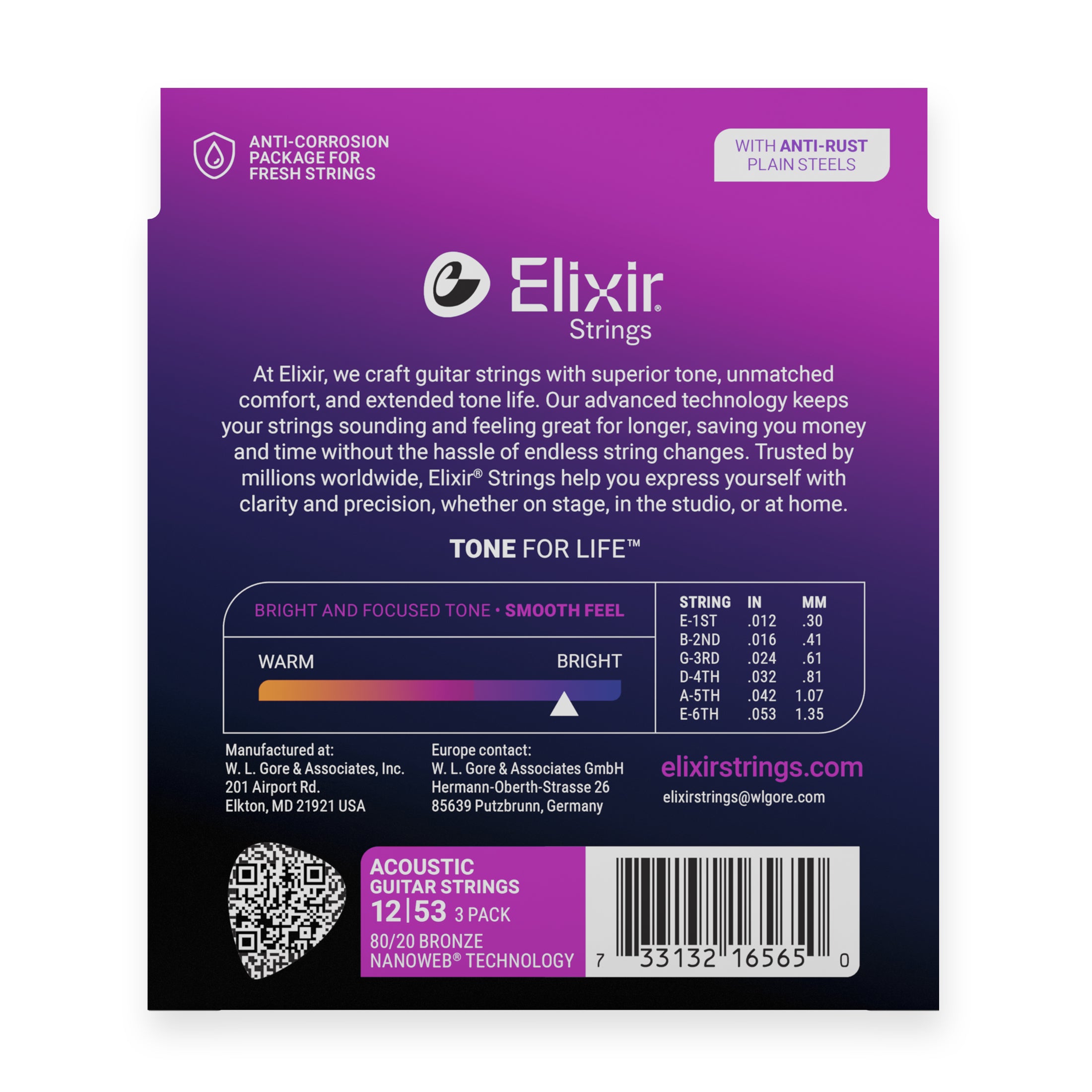 Elixir Nanoweb 80/20 Bronze 12-53 Acoustic Guitar Strings, 3-Pack