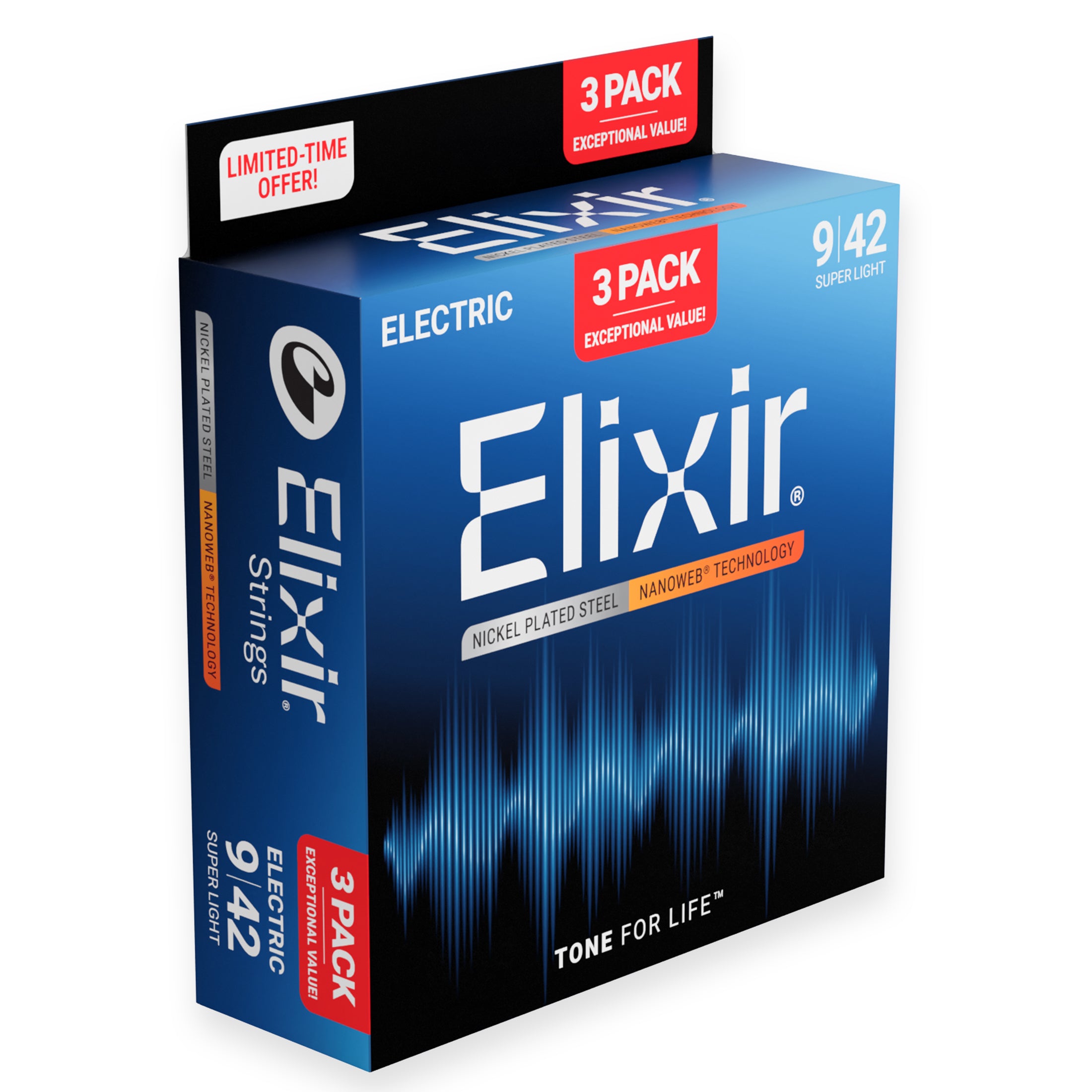 Elixir Nanoweb Nickel Wound 9-42 Electric Guitar Strings, 3-Pack