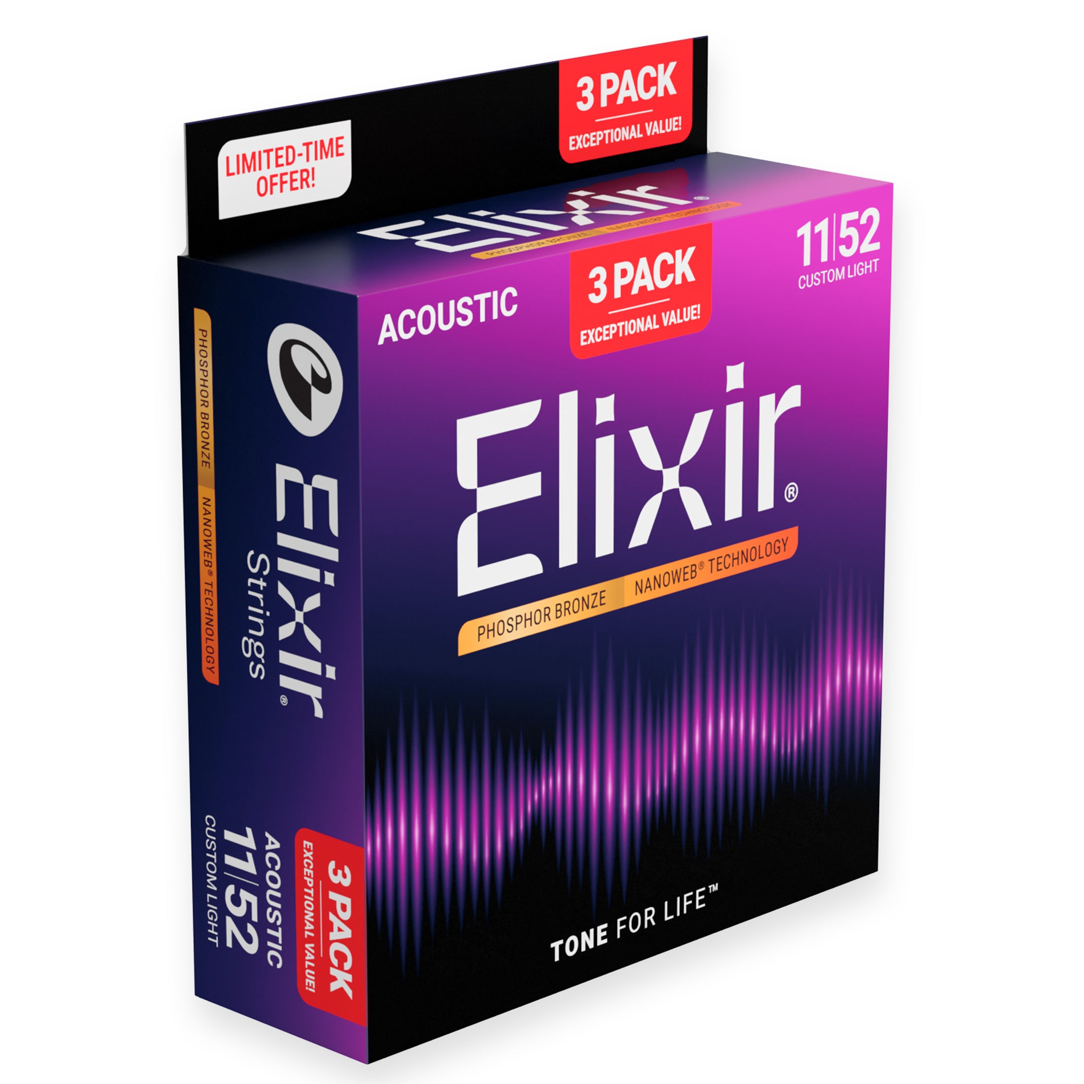 Elixir Nanoweb Phosphor Bronze 11-52 Acoustic Guitar Strings, 3-Pack