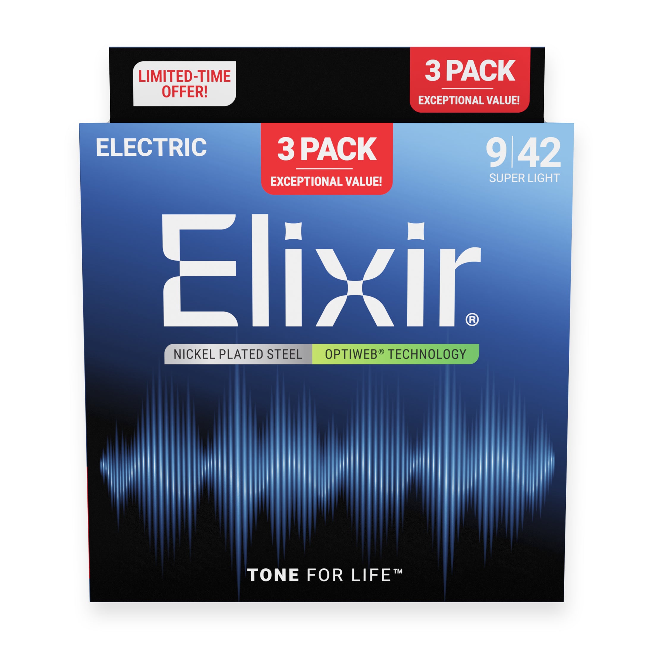 Elixir Optiweb Nickel Wound 9-42 Electric Guitar Strings, 3-Pack