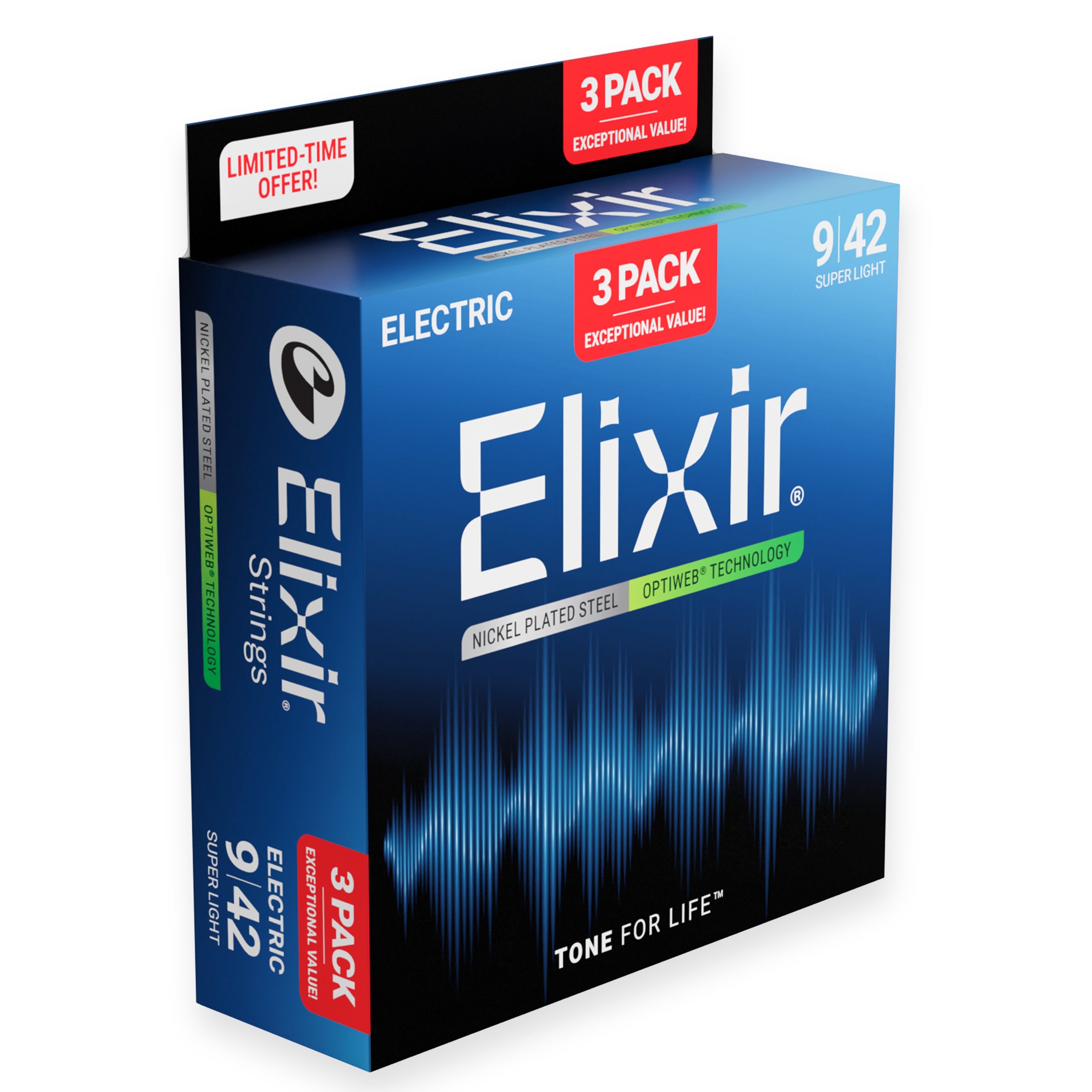 Elixir Optiweb Nickel Wound 9-42 Electric Guitar Strings, 3-Pack