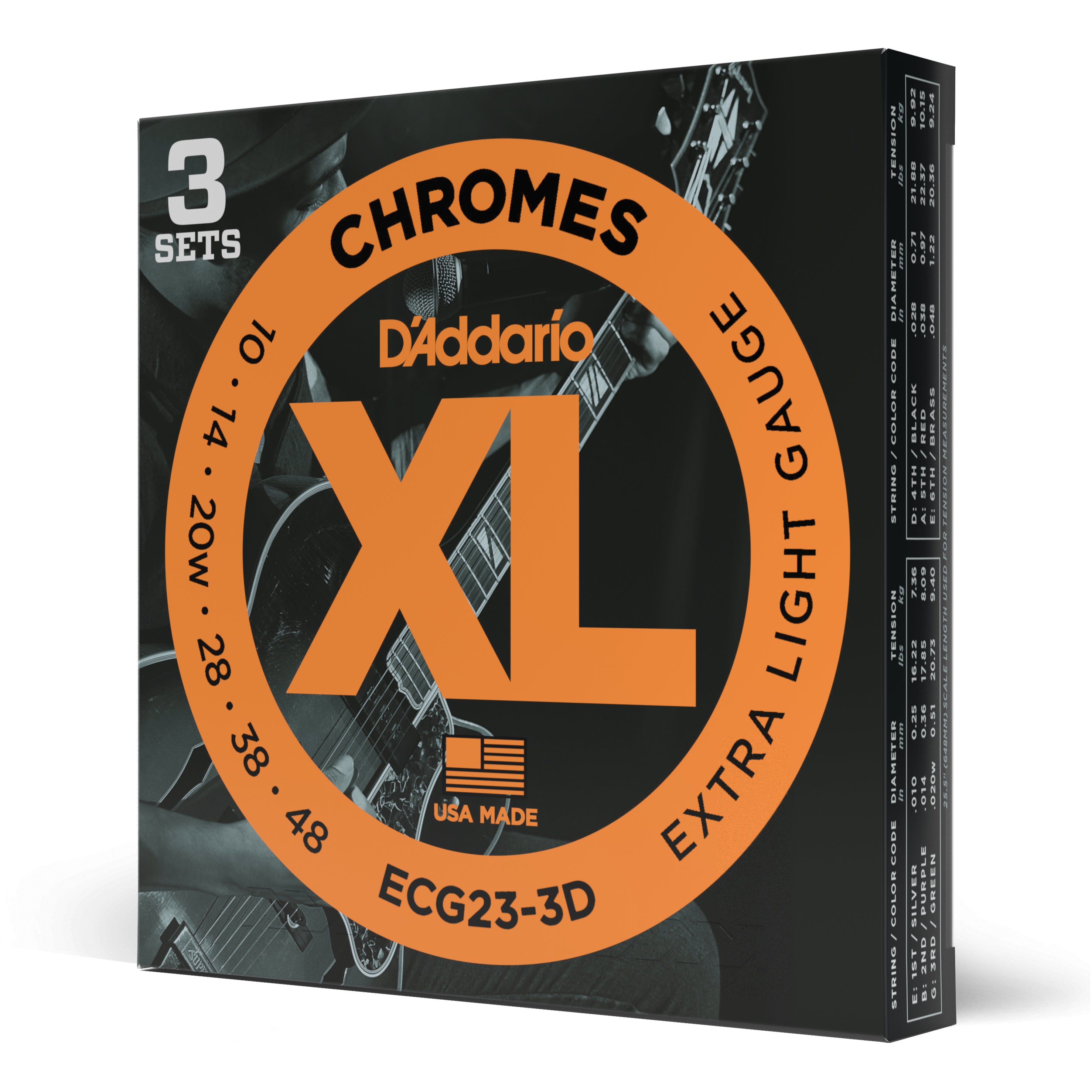 D'Addario ECG23 Chromes Flatwound 10-48 Electric Guitar Strings, 3-Pack