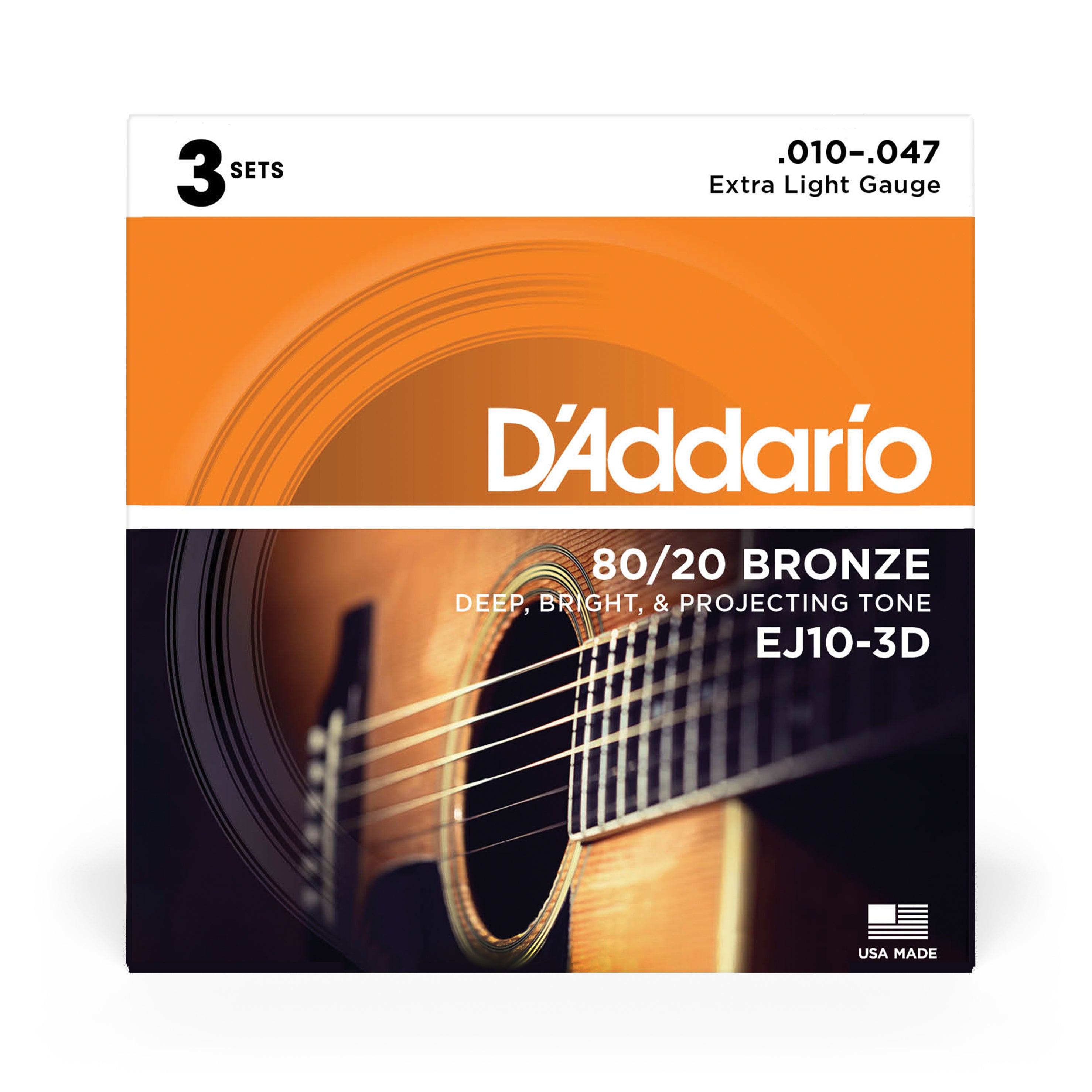D'Addario EJ10 80/20 Bronze 10-47 Acoustic Guitar Strings, 3-Pack