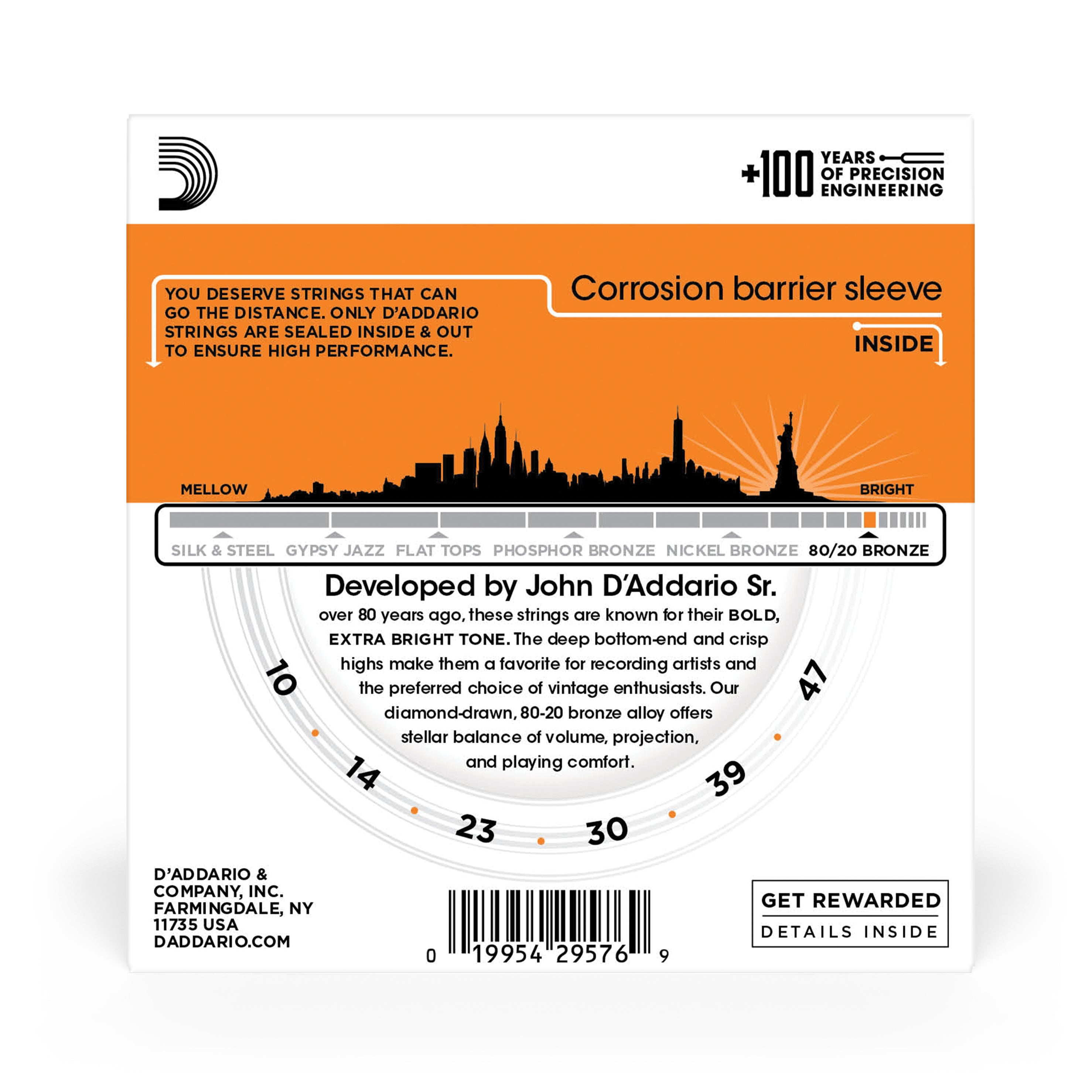 D'Addario EJ10 80/20 Bronze 10-47 Acoustic Guitar Strings, 3-Pack