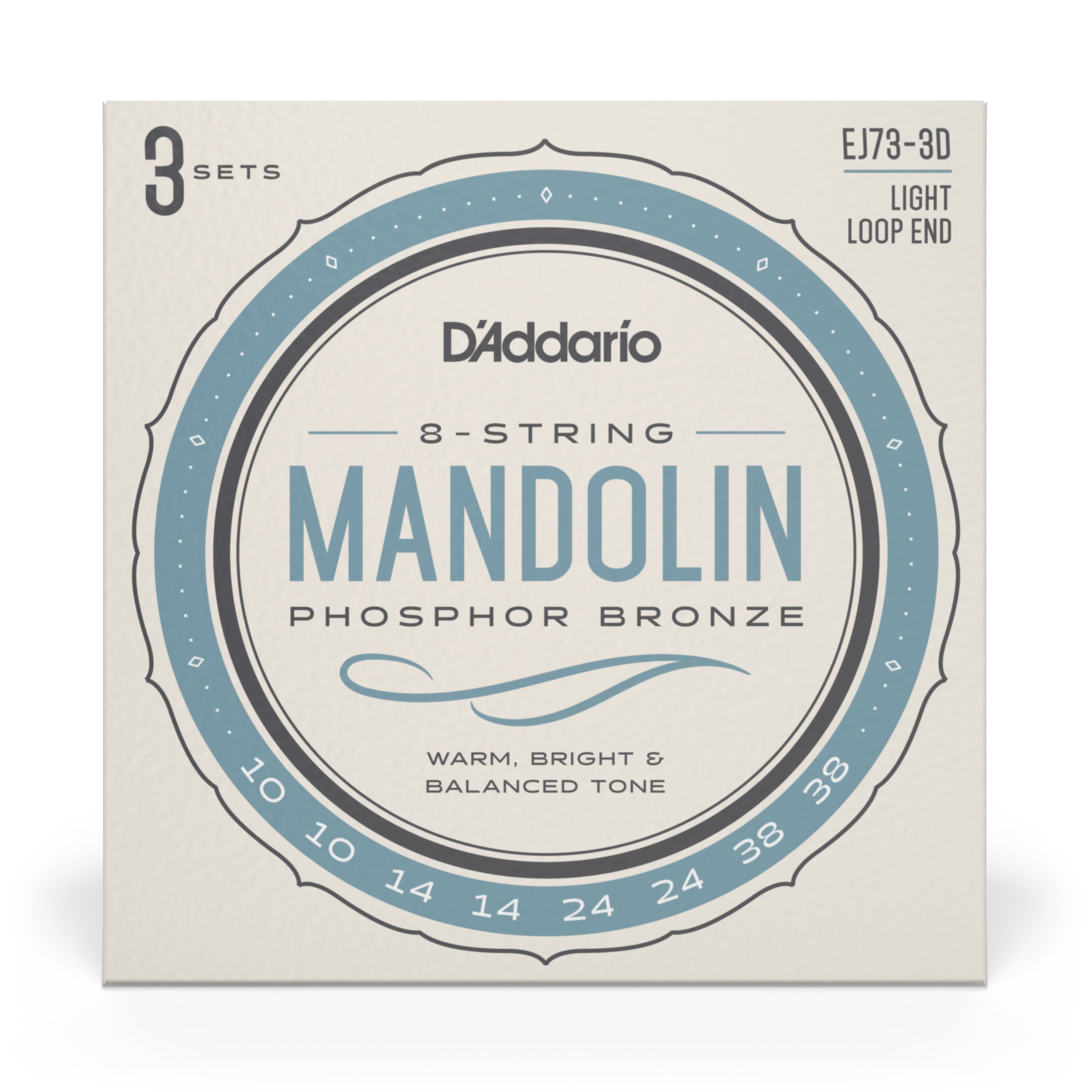 D'Addario EJ73 Phosphor Bronze 10-38 Mandolin Strings, Loop End, 3-Pack