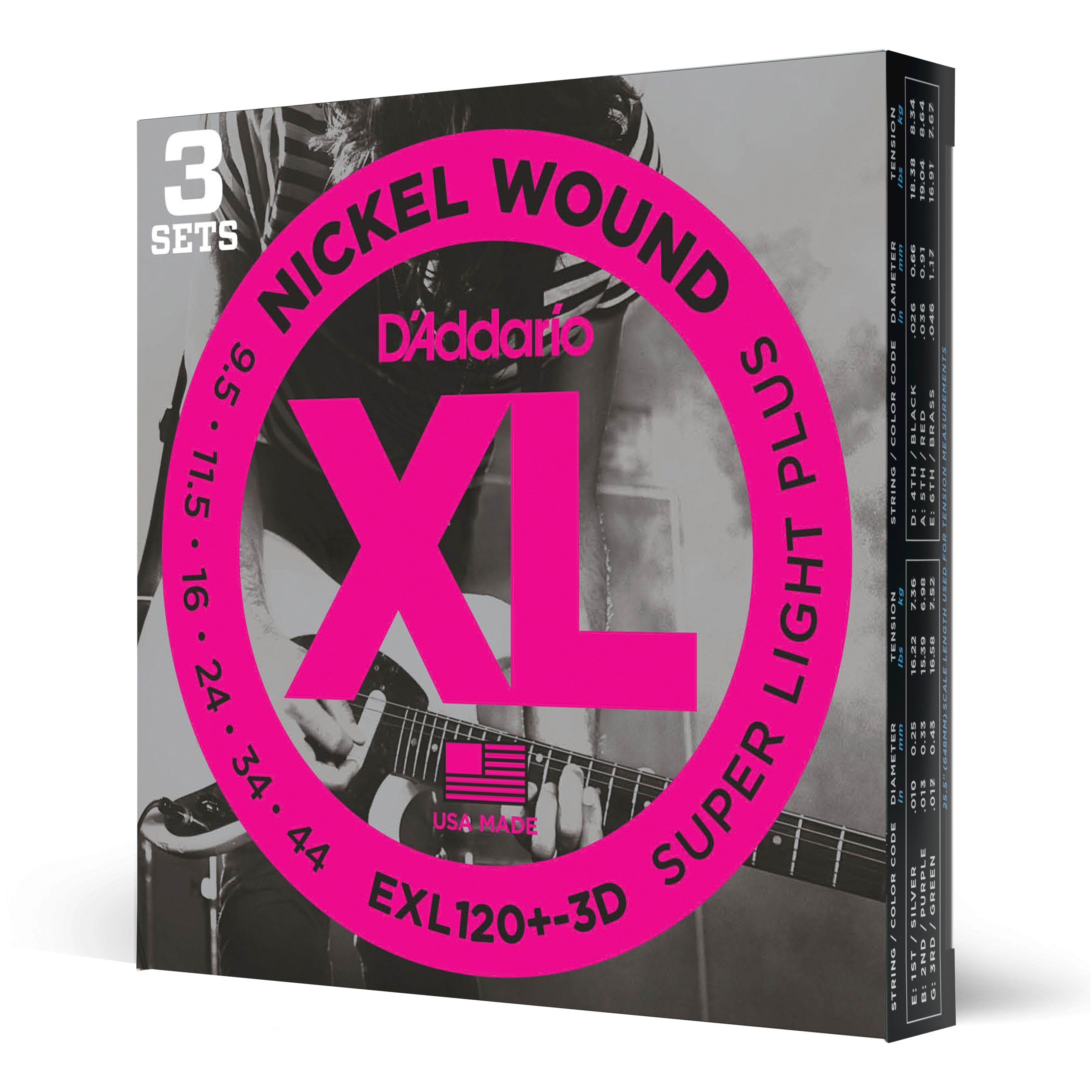 D'Addario EXL120+-3D Nickel Wound 9.5-44 Electric Guitar Strings, 3-Pack