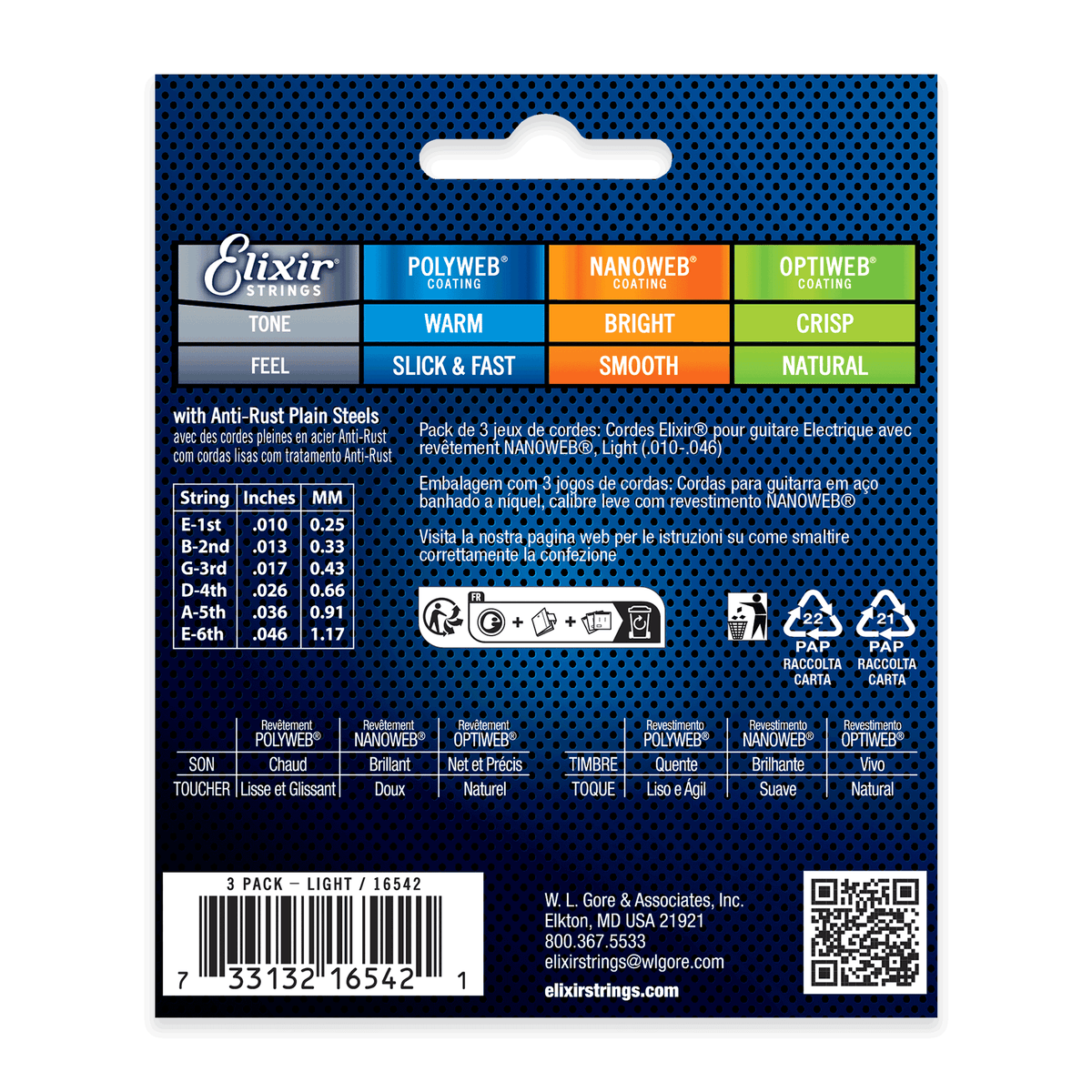 Elixir Nanoweb Nickel Wound 1046 Electric Guitar Strings, 3Pack [165