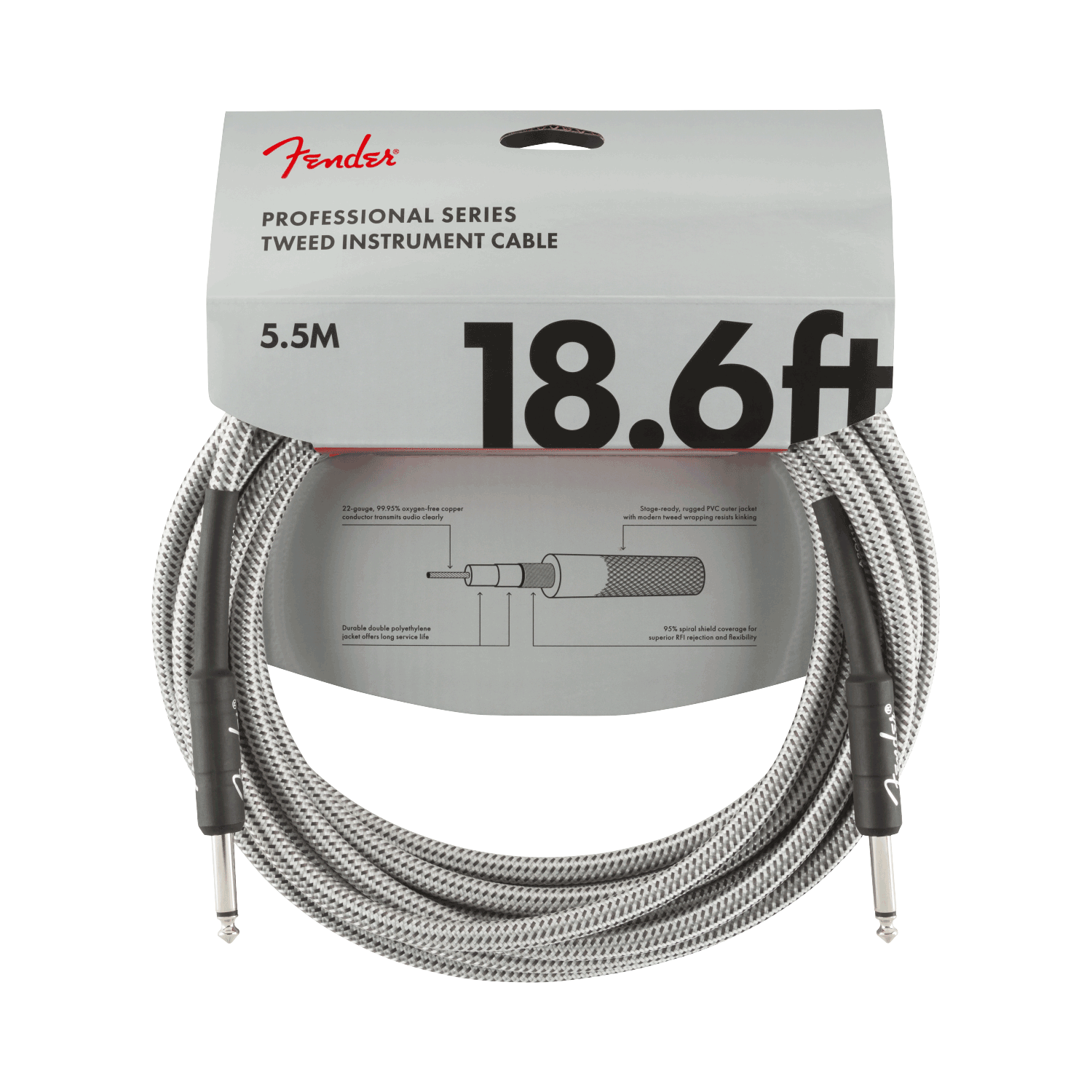 Fender Professional Series Instrument Cable, 18.6', White/Silver Tweed