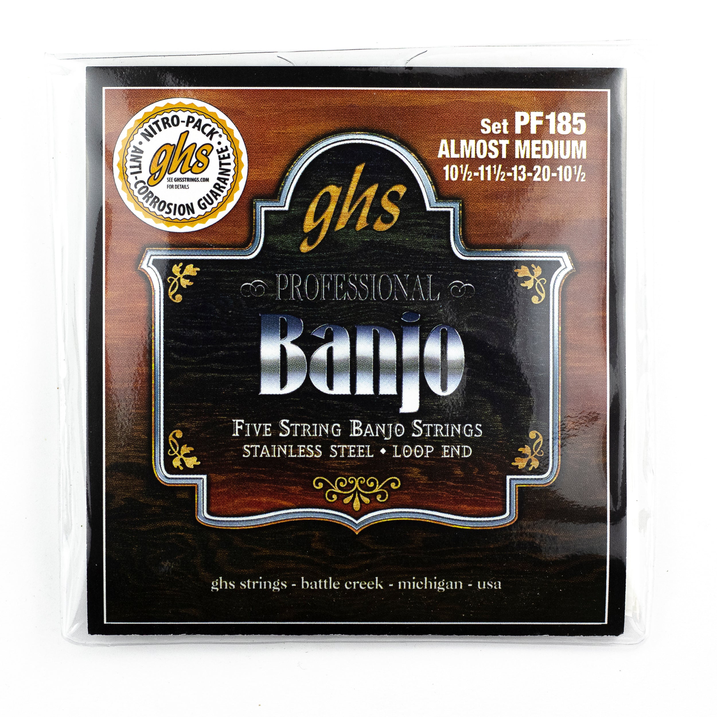 GHS Stainless Steel, 5-String Banjo, PF185, 10.5-20, Almost Medium, Loop End