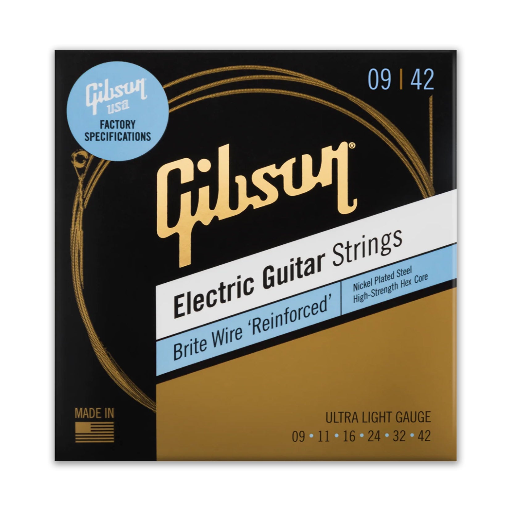 Gibson Brite Wire Reinforced 9-42 Electric Guitar Strings, Ultra-Light