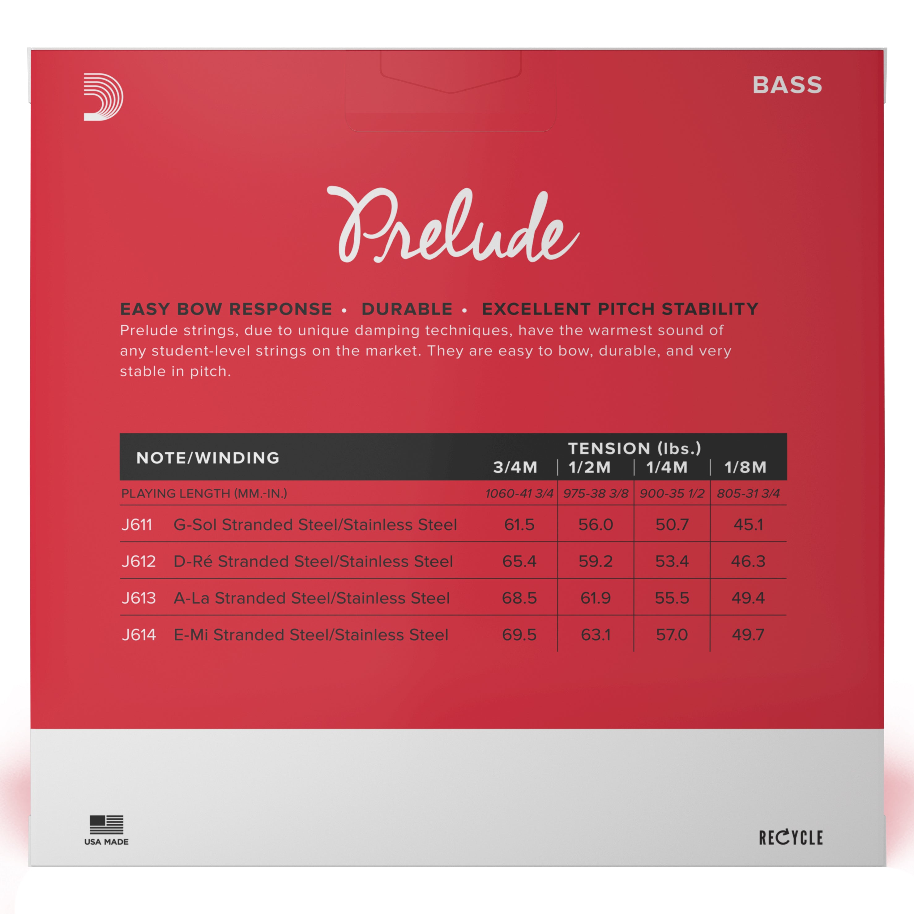 D'Addario Prelude Medium Tension Double Bass Strings, 3/4 Standard Scale