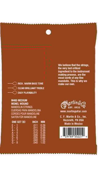 Martin M-465 Monel Wound 11-40 Medium Mandolin Strings, Loop-End