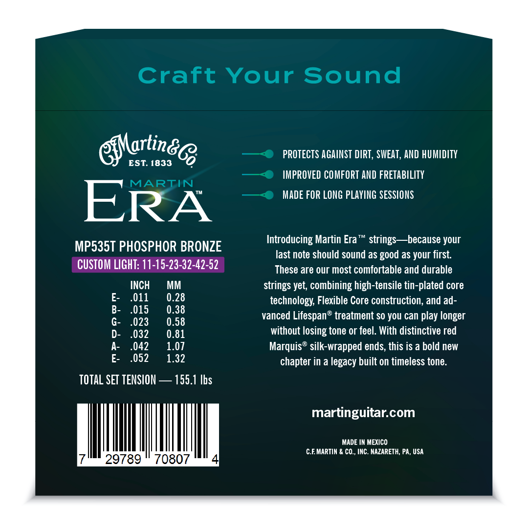 Martin ERA Phosphor Bronze 11-52 Acoustic Guitar Strings, Custom Light