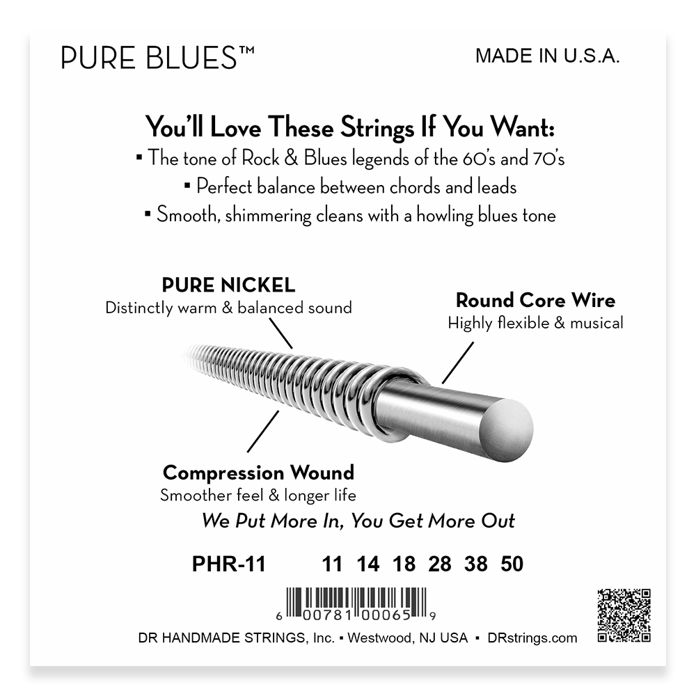 DR Strings PURE BLUES Pure Nickel 11-50 Electric Guitar Strings, Heavy