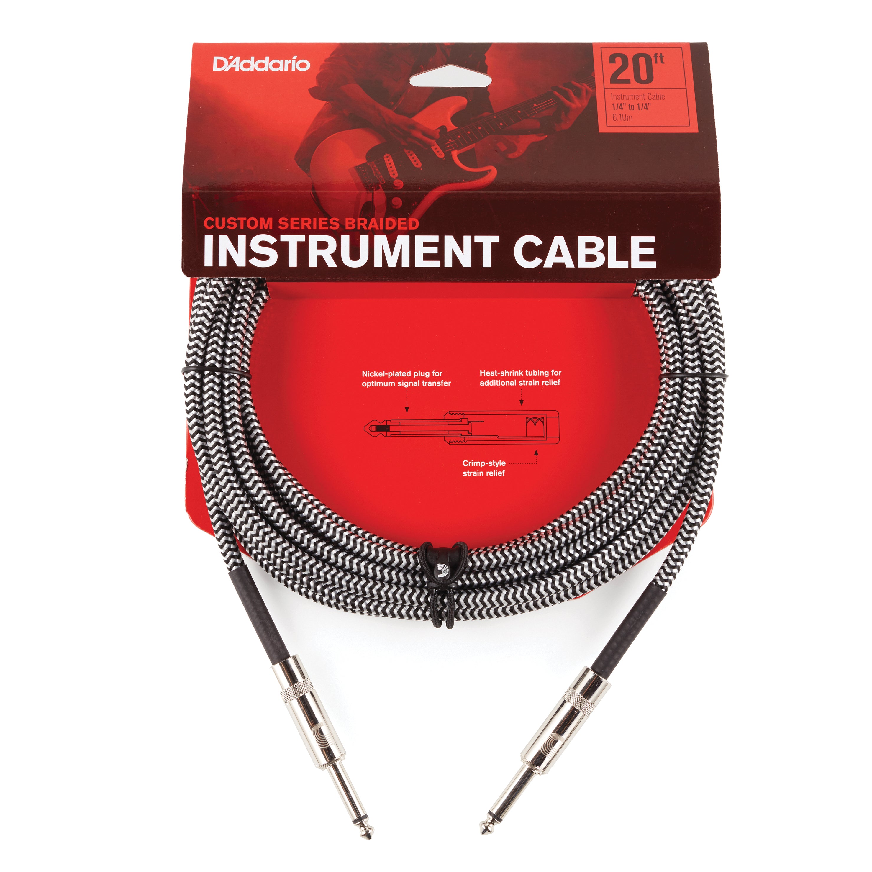 D'Addario Custom Series Braided Instrument Cable, Grey, 20'