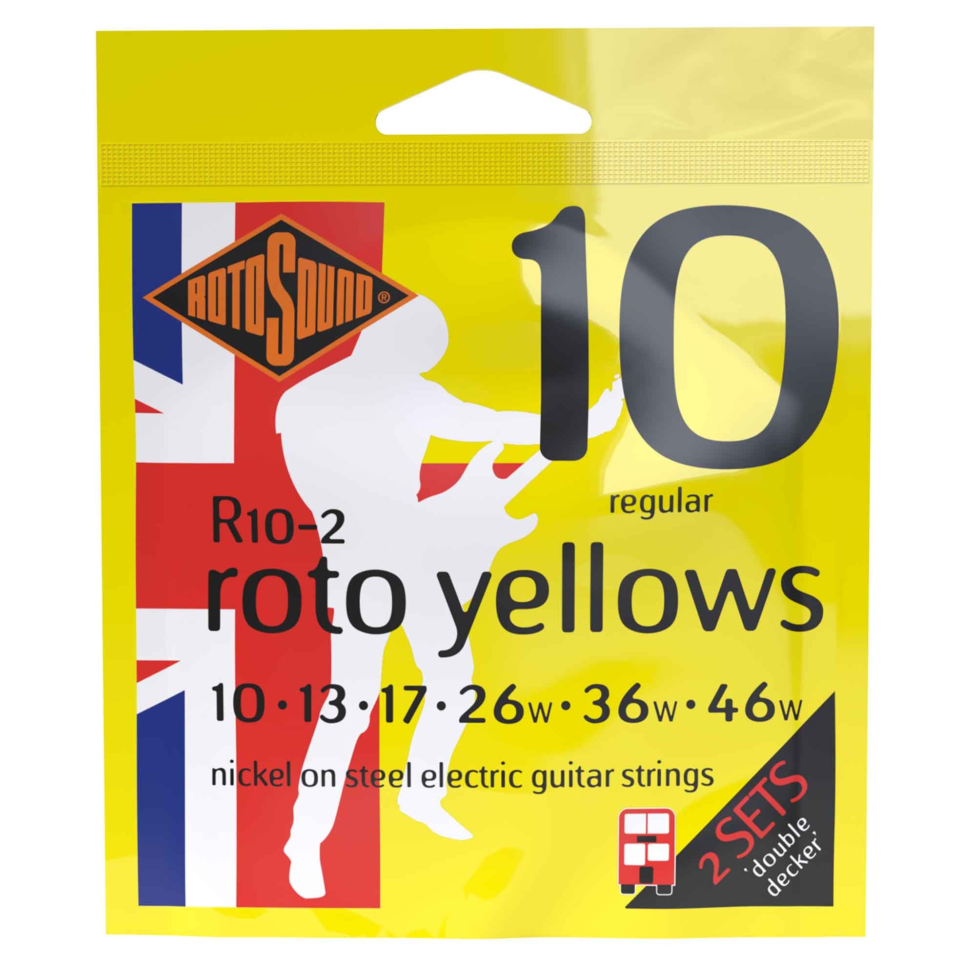 Rotosound R10-2 ROTO Yellows Nickel Wound 10-46 Electric Guitar Strings, Regular, Double Decker (Twin Pack)