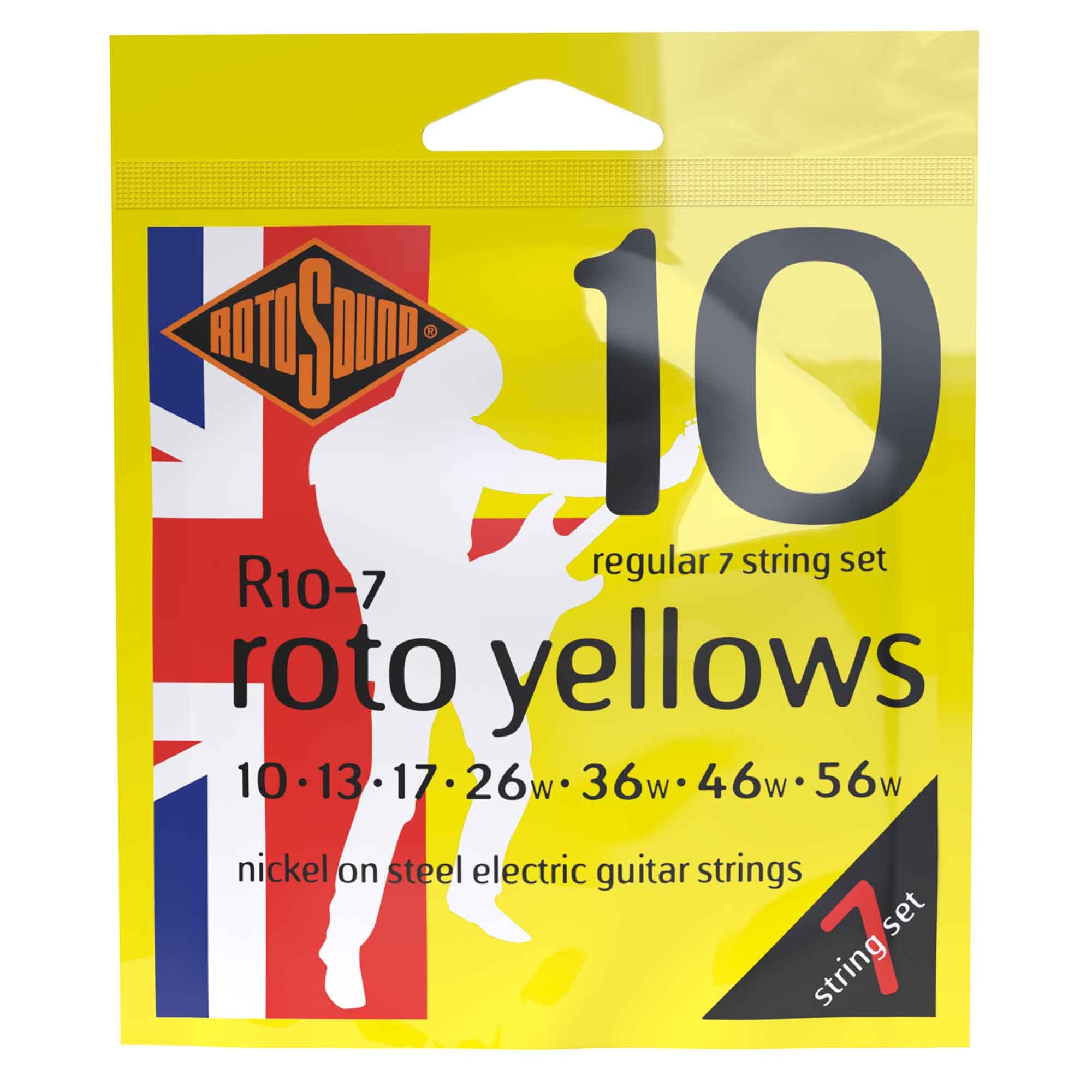 Rotosound R10-7 ROTO Yellows 7-String Nickel Wound 10-56 Electric Guitar Strings, Regular