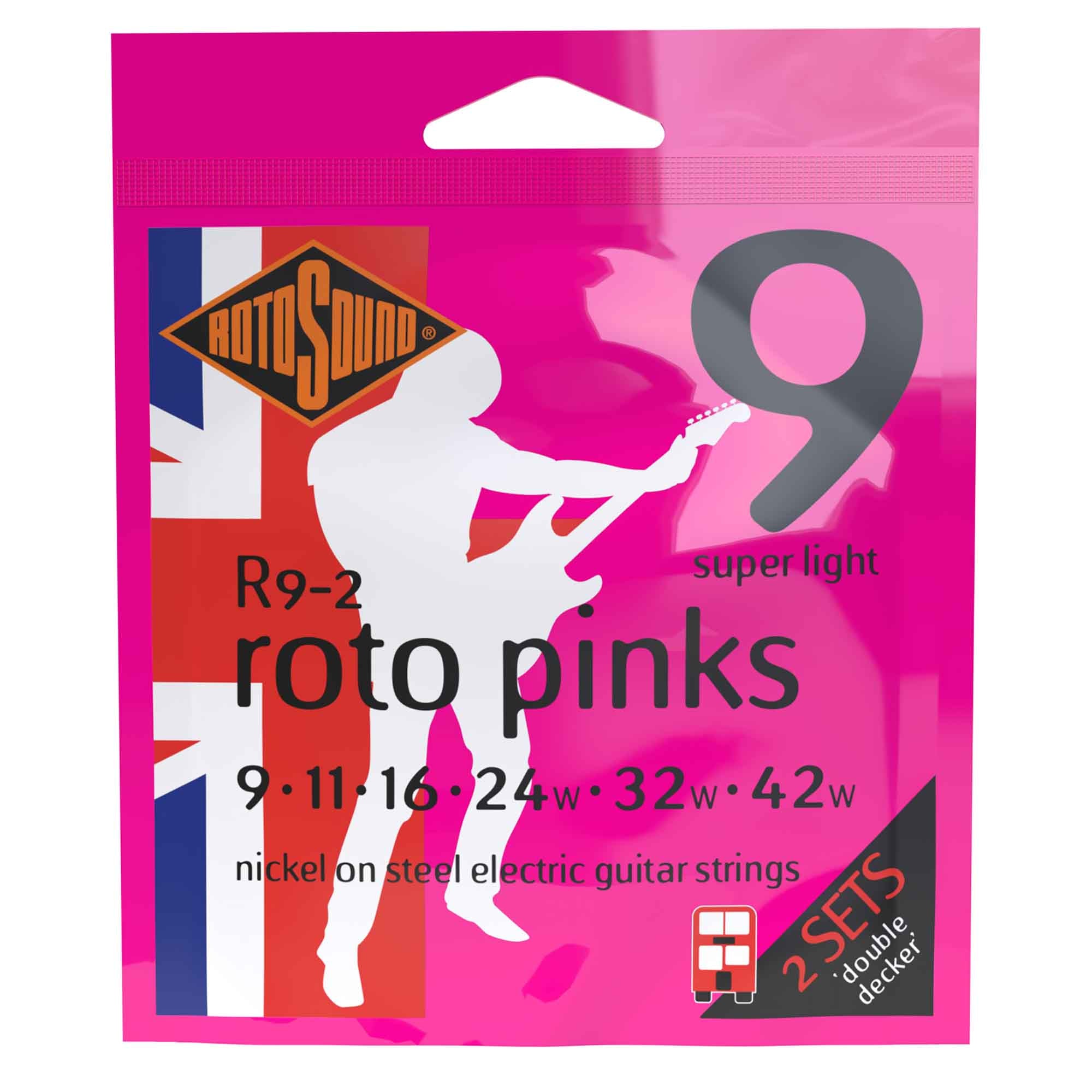 Rotosound R9-2 ROTO Pinks Nickel Wound 9-42 Electric Guitar Strings, Light, Double Decker (Twin Pack)