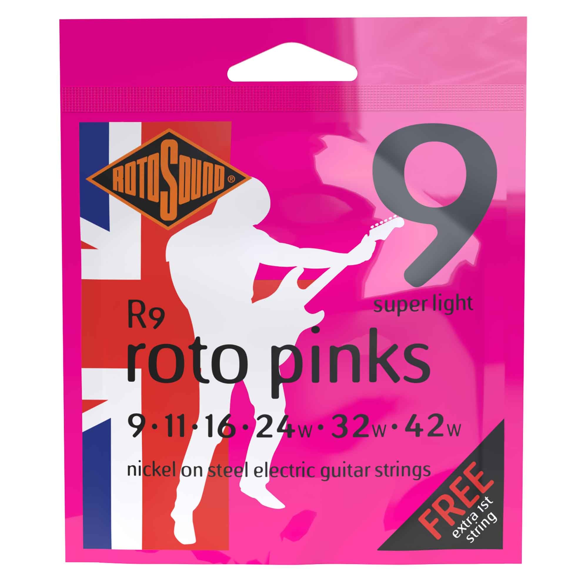 Rotosound R9 ROTO Pinks Nickel Wound 9-42 Electric Guitar Strings, Light, 5-Pack