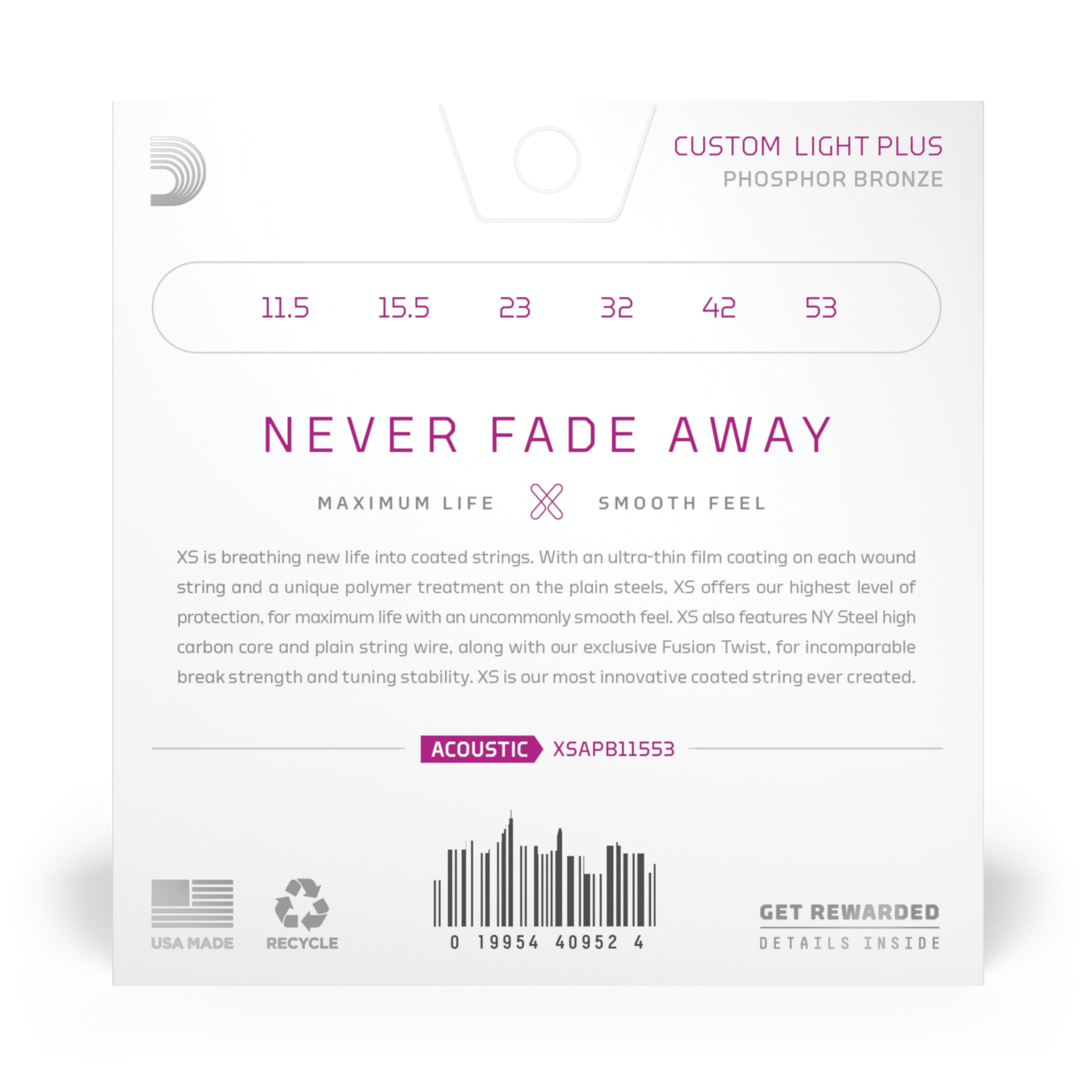 D'Addario XS Phosphor Bronze 11.5-53 Acoustic Guitar Strings, Custom Light+