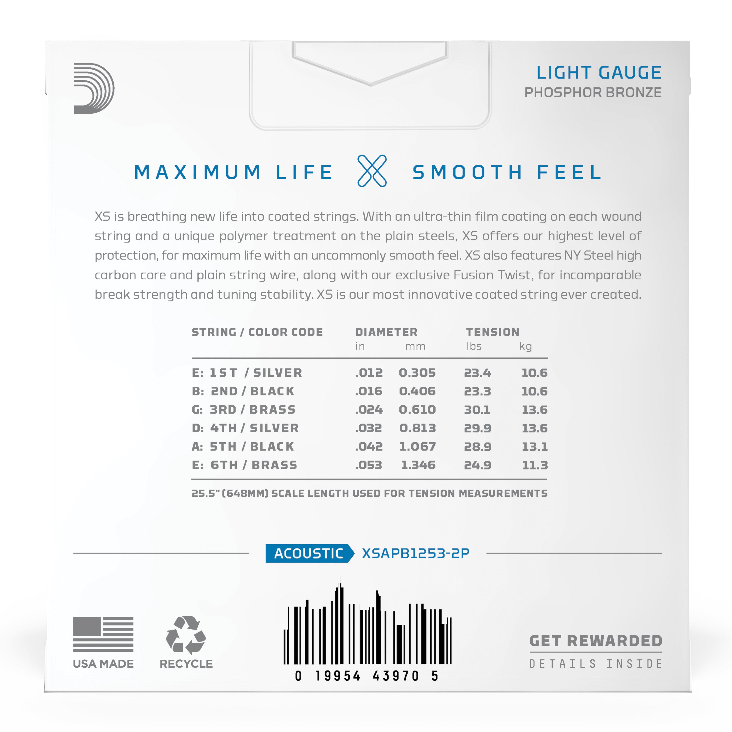 D'Addario XS Phosphor Bronze 12-53 Acoustic Guitar Strings, Light, 2-Pack