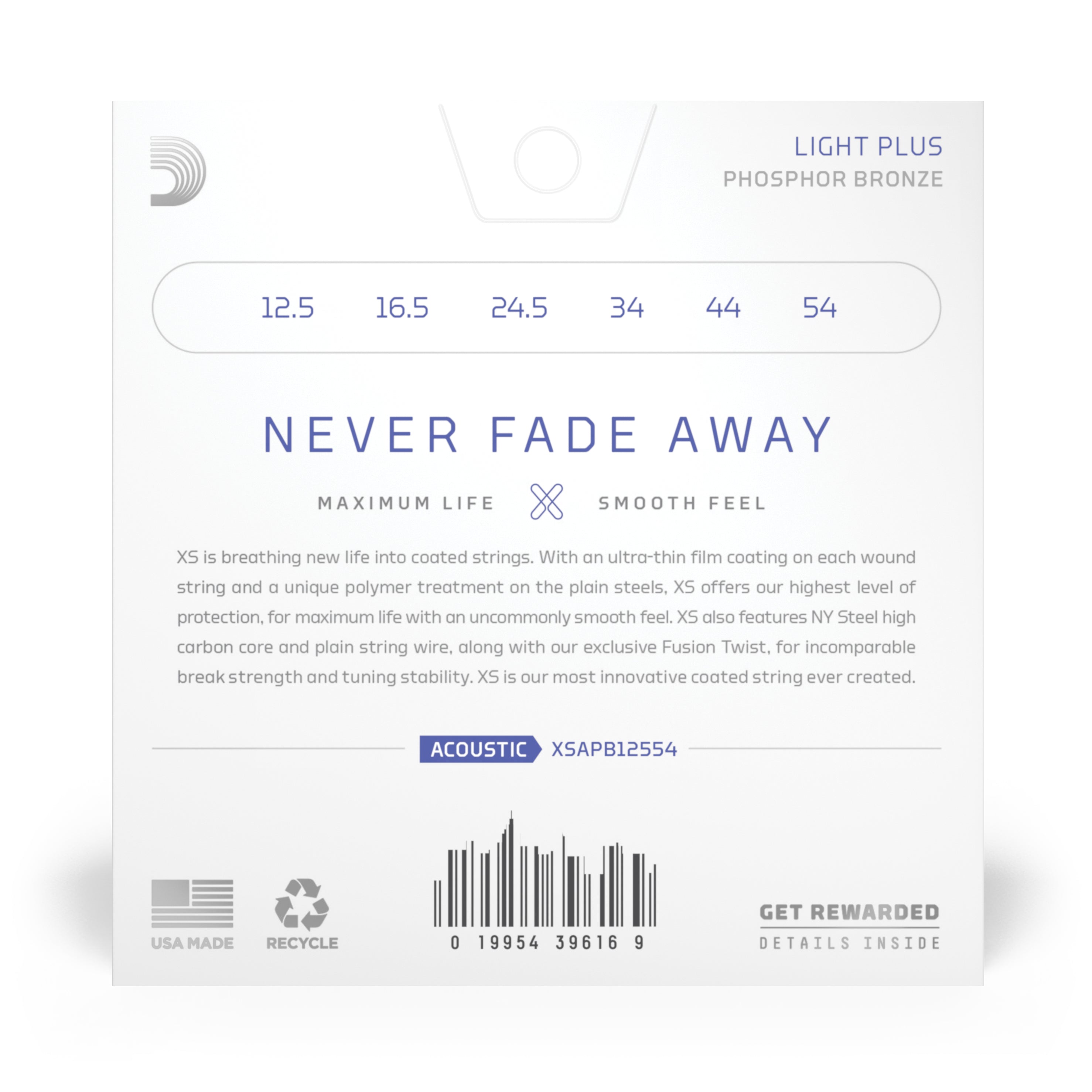 D'Addario XS Phosphor Bronze 12.5-54 Acoustic Guitar Strings, Light Plus