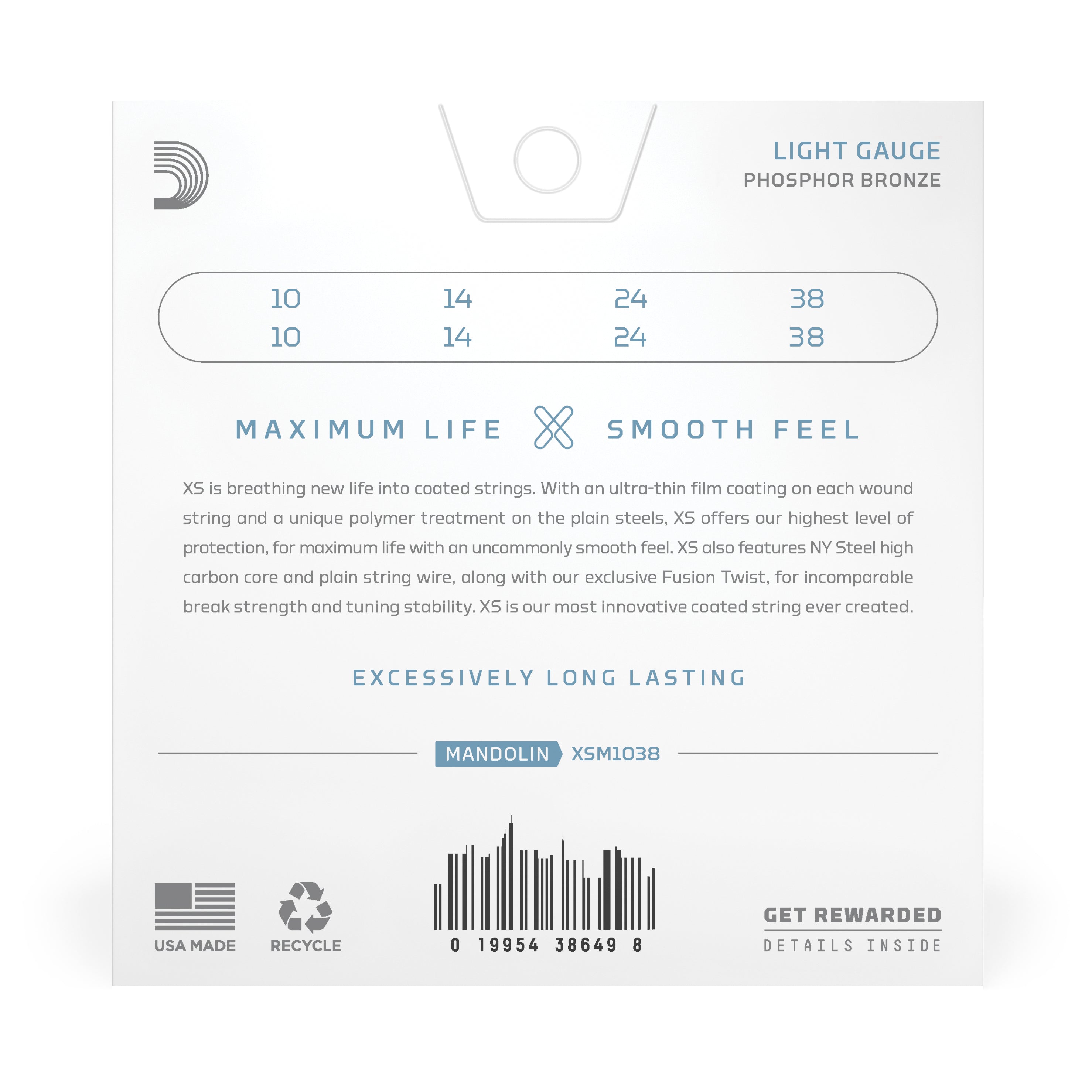 D'Addario XS Phosphor Bronze 10-38 Mandolin Strings, Light