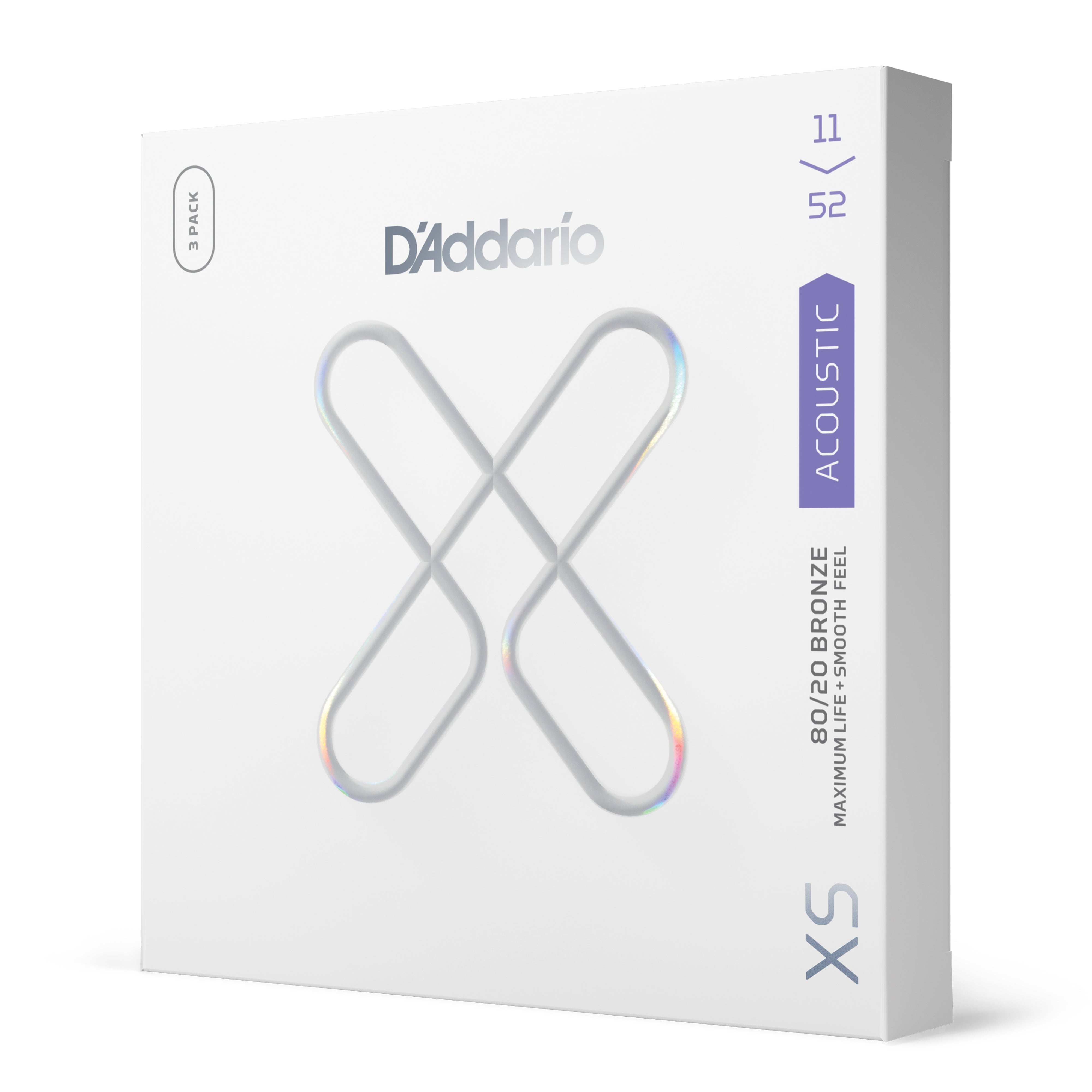 D'Addario XS 80/20 Bronze 11-52 Acoustic Guitar Strings, Custom Light, 3-Pack