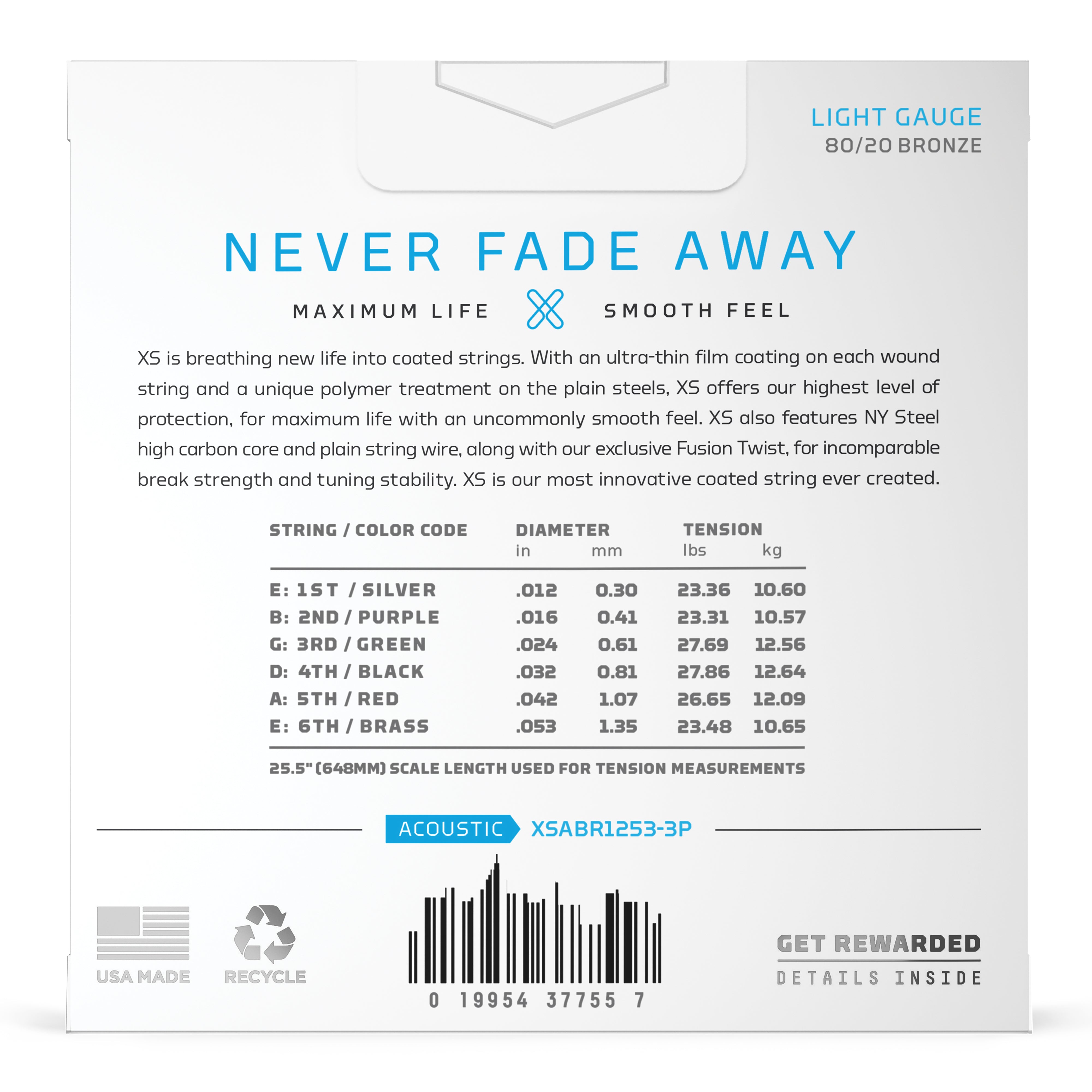 D'Addario XS 80/20 Bronze 12-53 Acoustic Guitar Strings, Light, 3-Pack