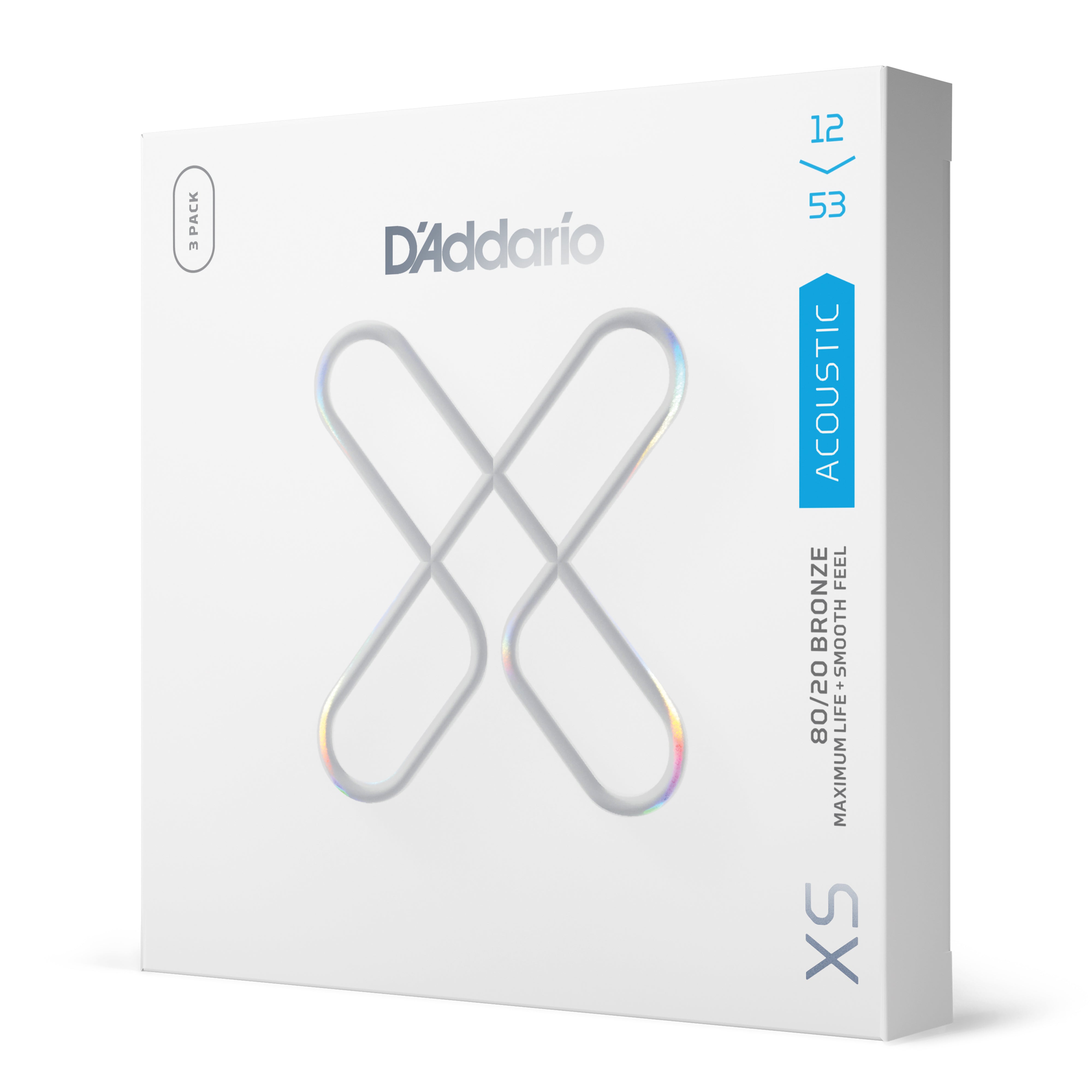 D'Addario XS 80/20 Bronze 12-53 Acoustic Guitar Strings, Light, 3-Pack