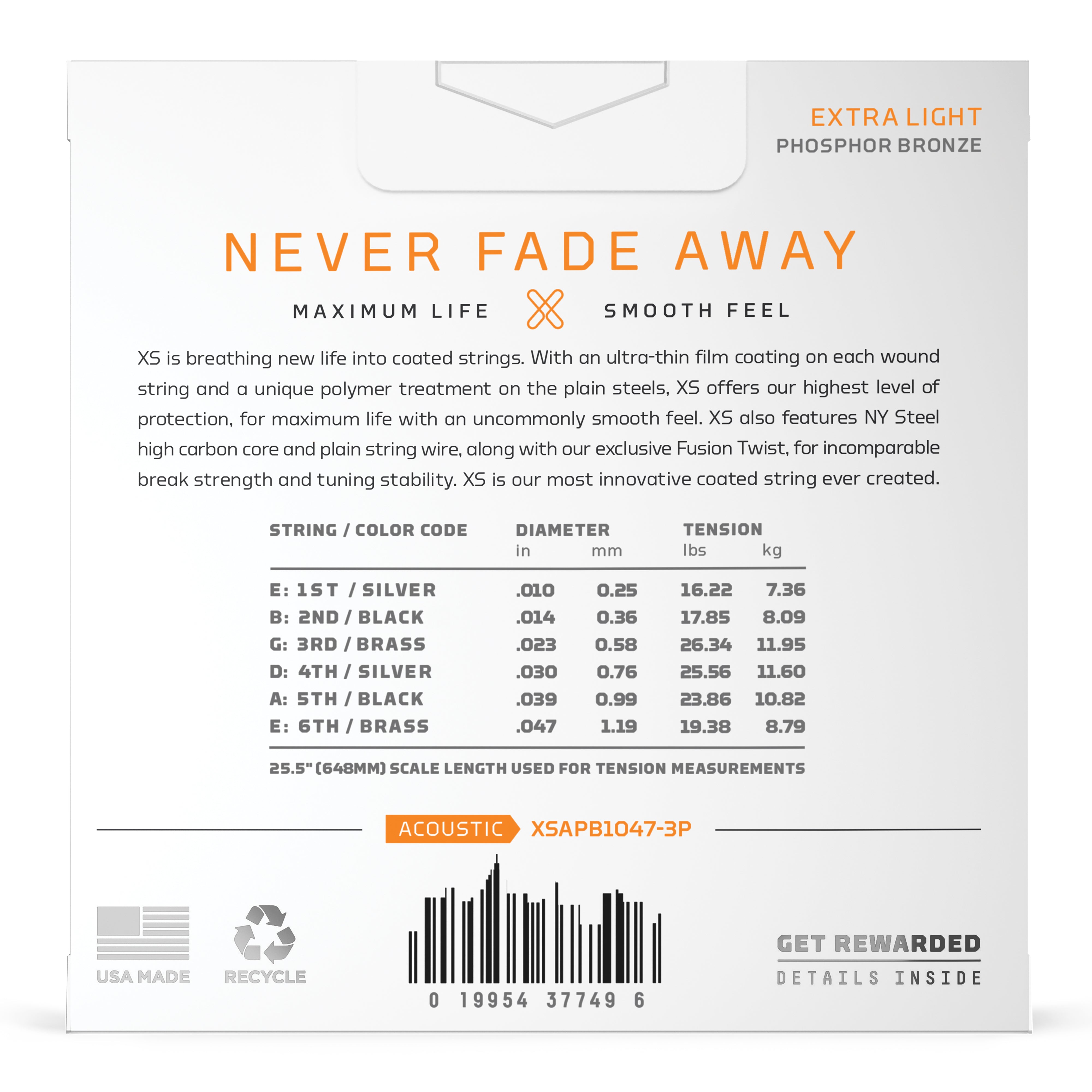 D'Addario XS Phosphor Bronze 10-47 Acoustic Guitar Strings, Extra Light, 3-Pack