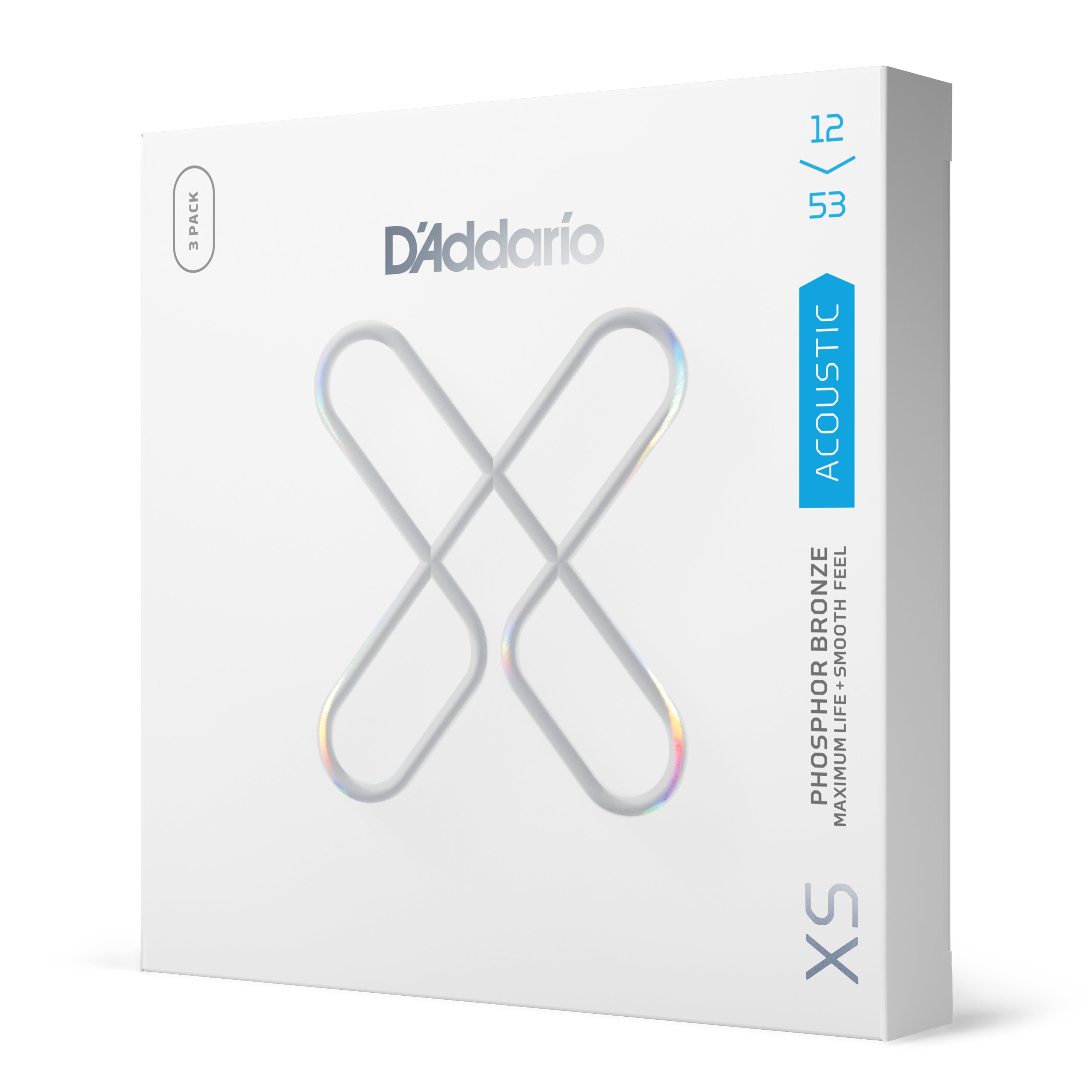 D'Addario XS Phosphor Bronze 12-53 Acoustic Guitar Strings, Light, 3-Pack