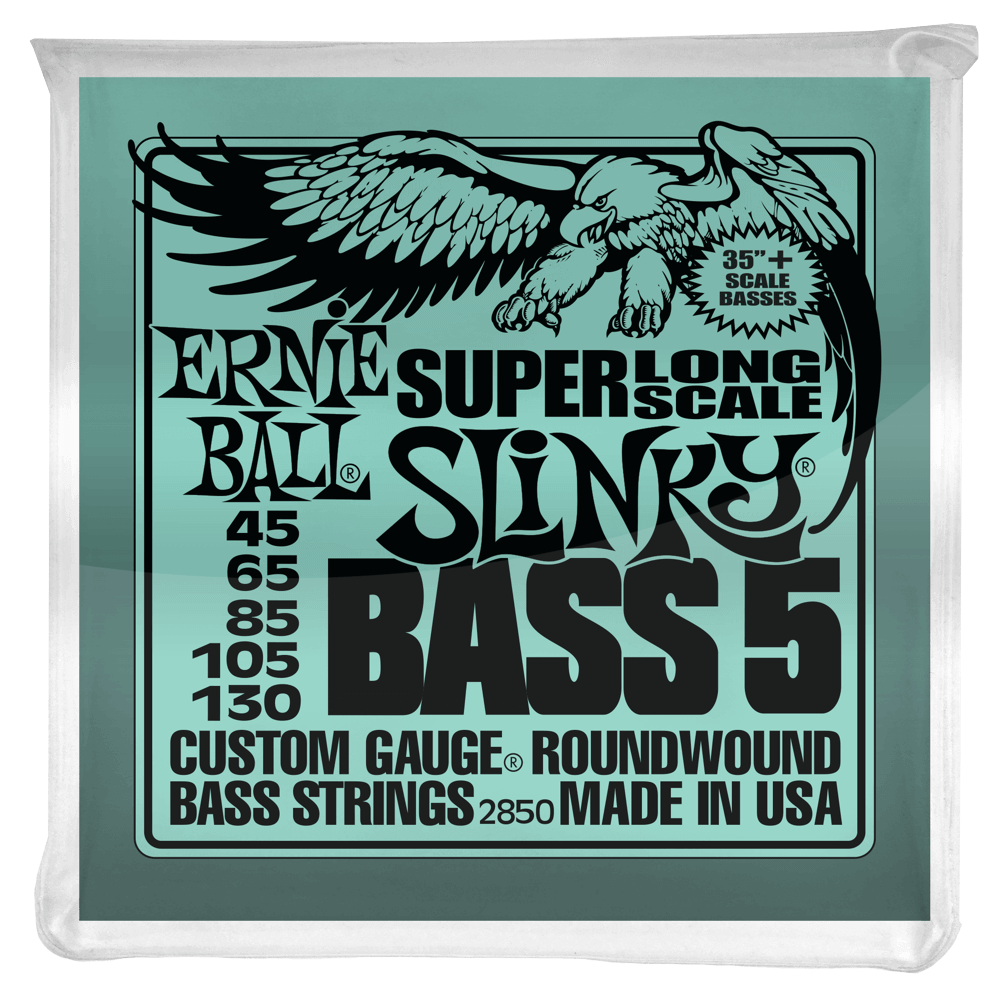 Ernie Ball Super Long Slinky Nickel Wound 45-130 5-String Bass Guitar Strings, Extra Long Scale