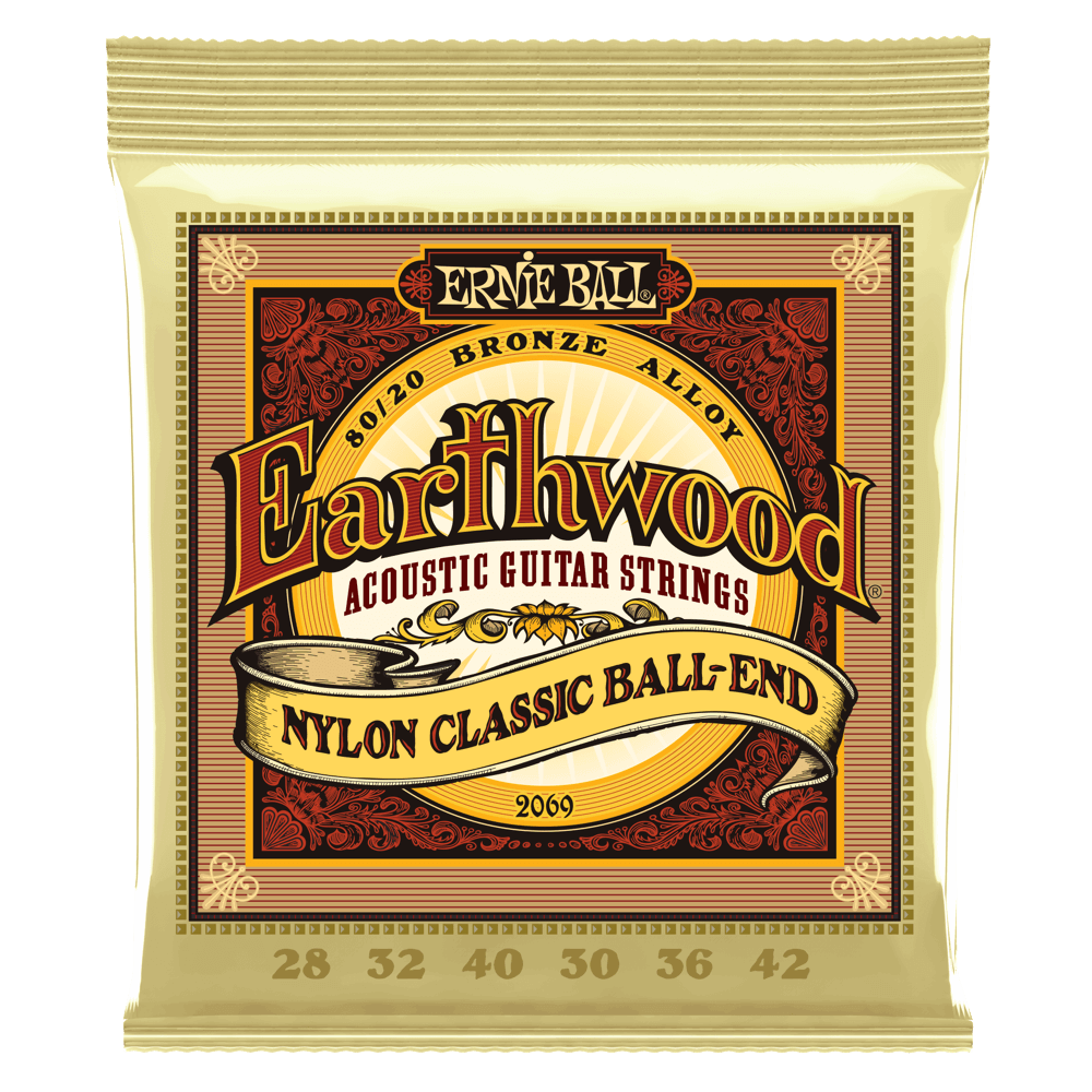 Ernie Ball Earthwood Folk Nylon 80/20 Bronze 28-42 Acoustic Guitar Strings, Ball-End