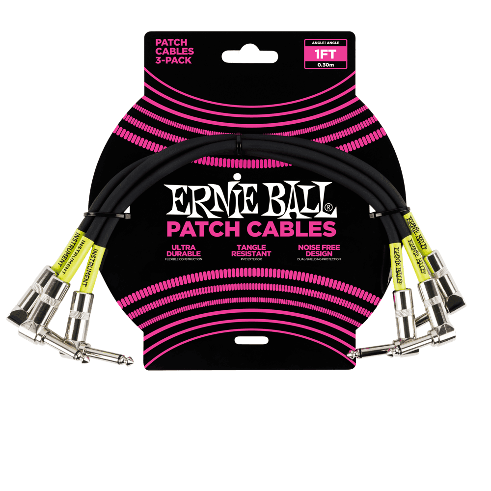 Ernie Ball 1' Angle-Angle Patch Cable, Black, 3-Pack