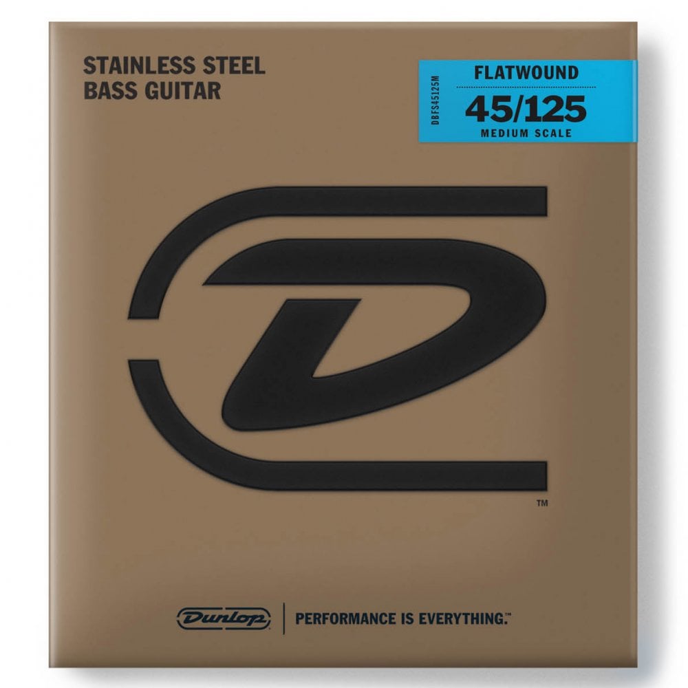 Jim Dunlop Flatwound Stainless Steel 45-125 5-String Bass Guitar Strings, Medium Scale