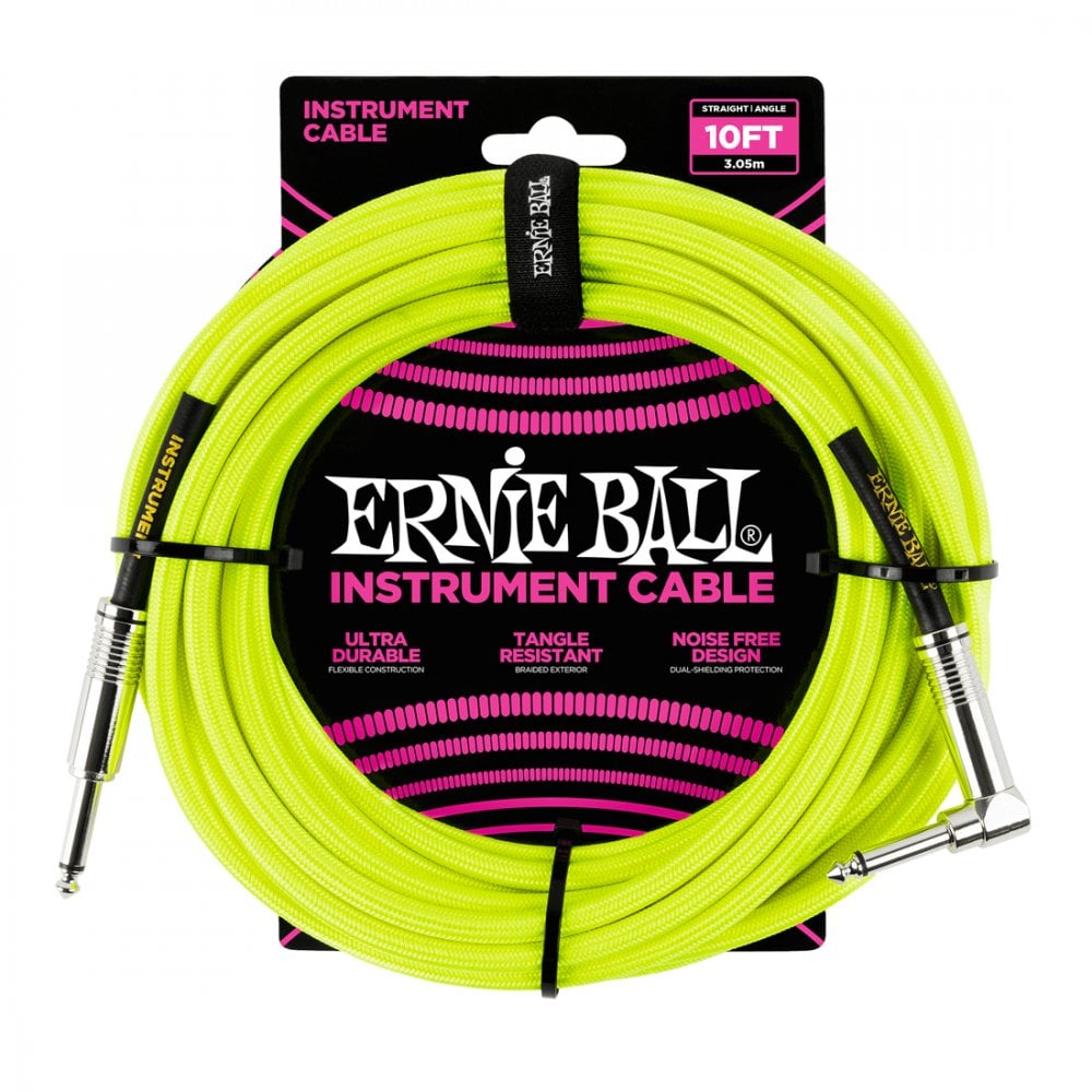 Ernie Ball Braided Instrument Cable, 10ft, Neon Yellow, Straight-Angled