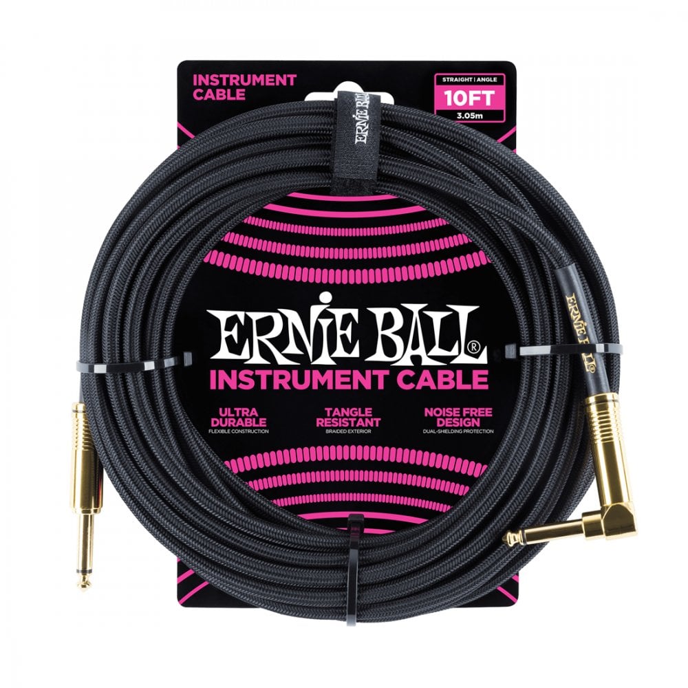 Ernie Ball Braided Instrument Cable, 10ft, Gold-Black, Straight-Angled