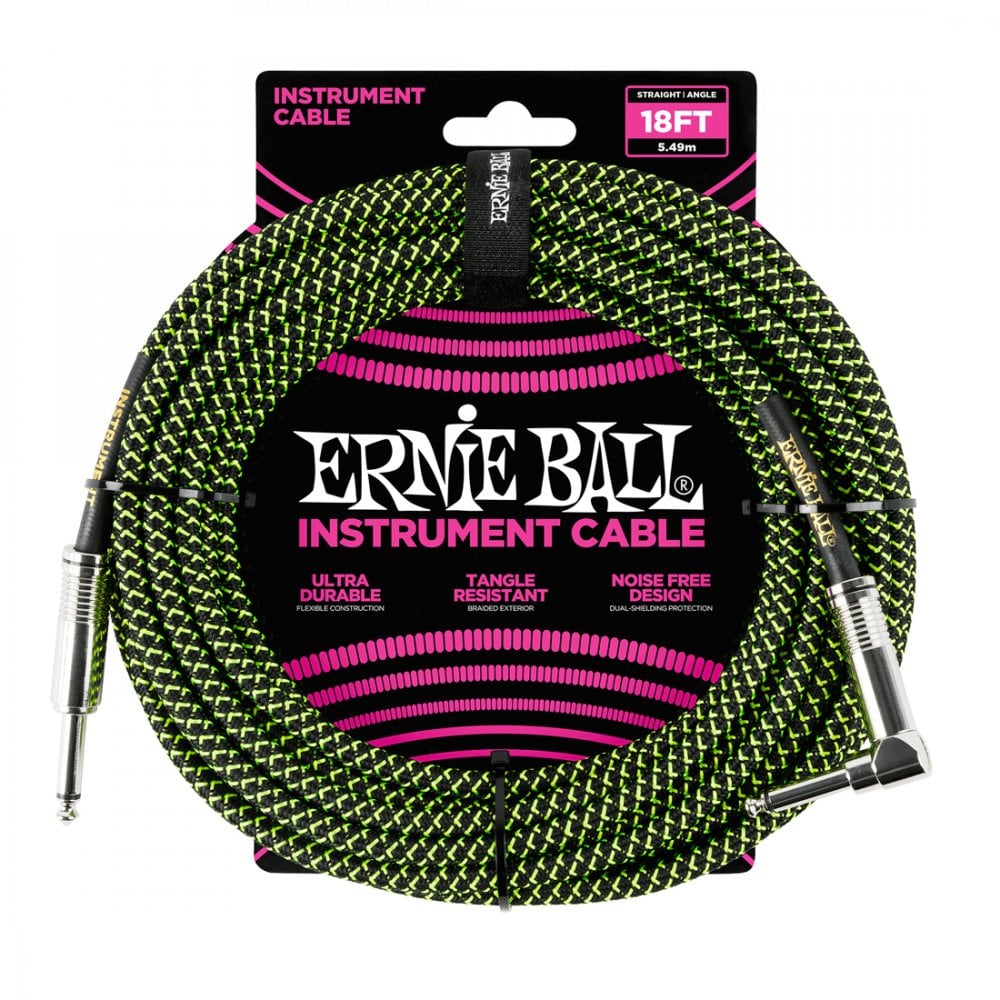 Ernie Ball Braided Instrument Cable, 18ft, Green-Black, Straight-Angled