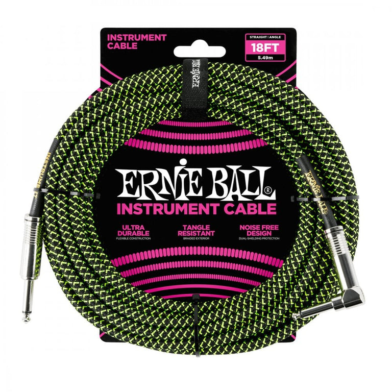 Ernie Ball Braided Instrument Cable, 18ft, Green-Black, Straight-Angled