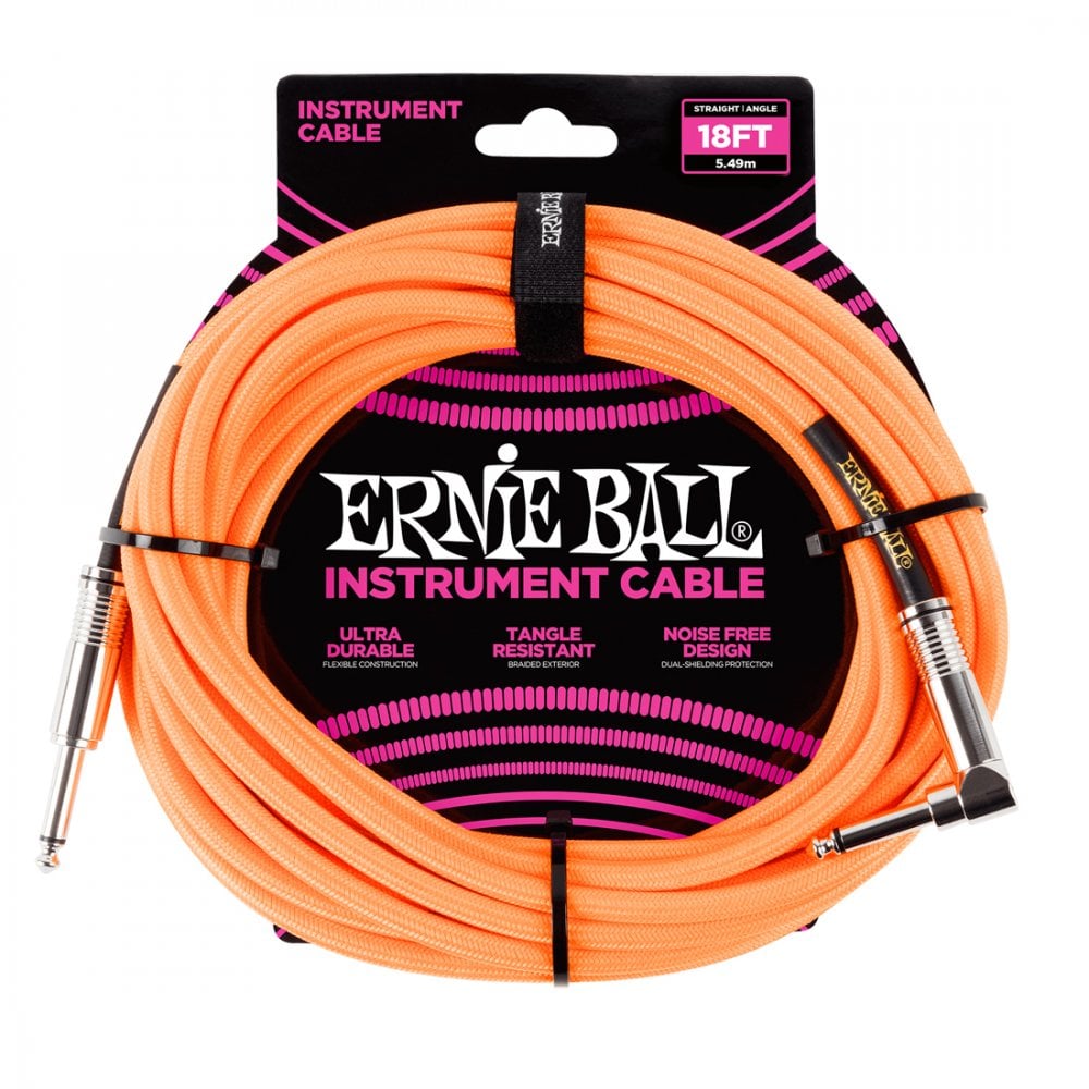 Ernie Ball Braided Instrument Cable, 18ft, Neon Orange, Straight-Angled