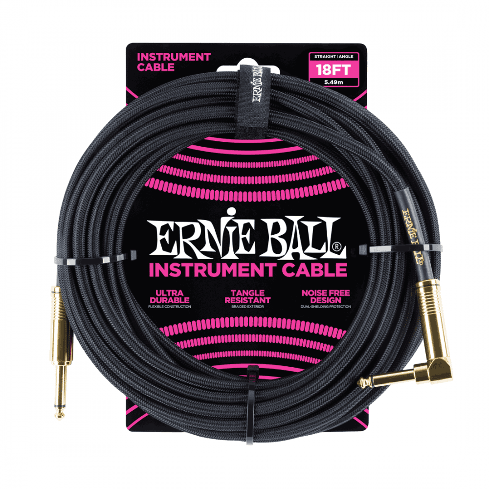 Ernie Ball Braided Instrument Cable, 18ft, Gold-Black, Straight-Angled